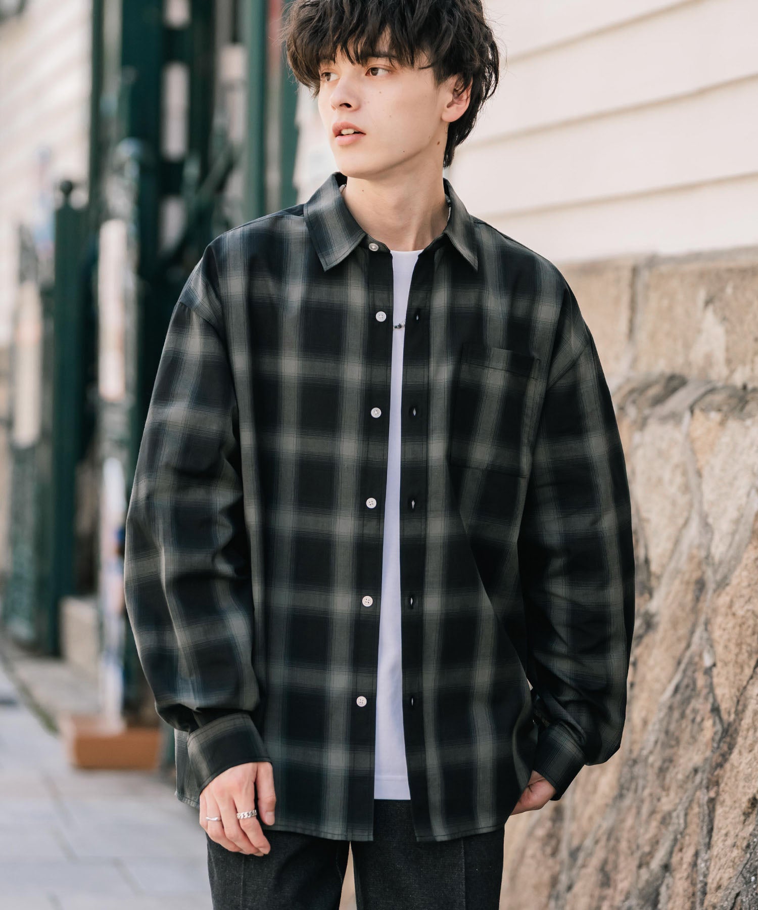 ロッキーモンロー Rocky Monroe カジュアルシャツ 長袖 メンズ チェック ストライプ 無地 TCブロード 白シャツ オーバーサイズ リラックス レギュラーカラー 胸ポケット 14718 （ホワイト） ホワイト