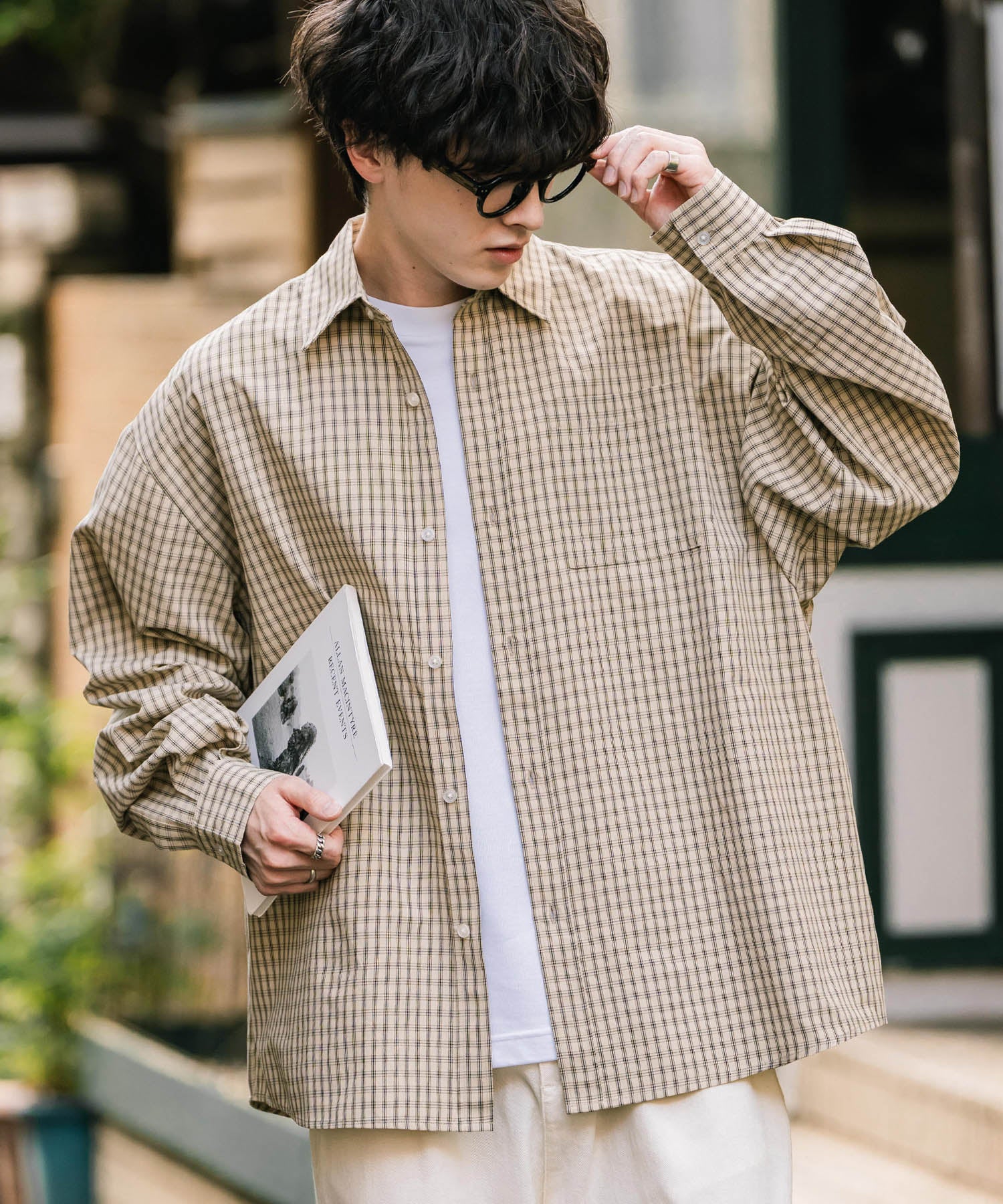 ロッキーモンロー Rocky Monroe カジュアルシャツ 長袖 メンズ チェック ストライプ 無地 TCブロード 白シャツ オーバーサイズ リラックス レギュラーカラー 胸ポケット 14718 （ベージュ(チェック)） ベージュ(チェック)