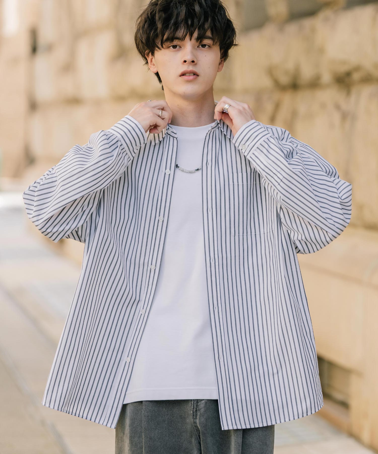 ロッキーモンロー Rocky Monroe カジュアルシャツ 長袖 メンズ チェック ストライプ 無地 TCブロード 白シャツ オーバーサイズ リラックス レギュラーカラー 胸ポケット 14718 （ブラック(ストライプ)） ブラック(ストライプ)