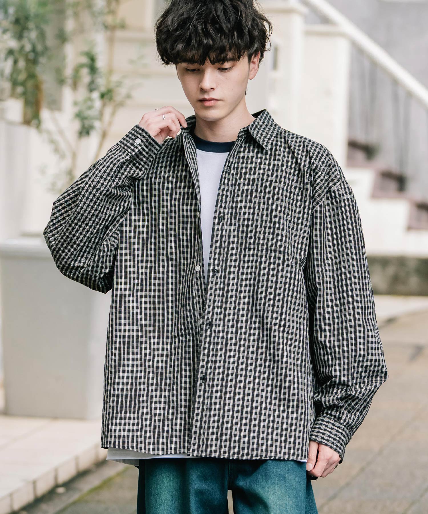 ロッキーモンロー Rocky Monroe カジュアルシャツ 長袖 メンズ チェック ストライプ 無地 TCブロード 白シャツ オーバーサイズ リラックス レギュラーカラー 胸ポケット 14718 （ブラック3(チェック)） ブラック3(チェック)