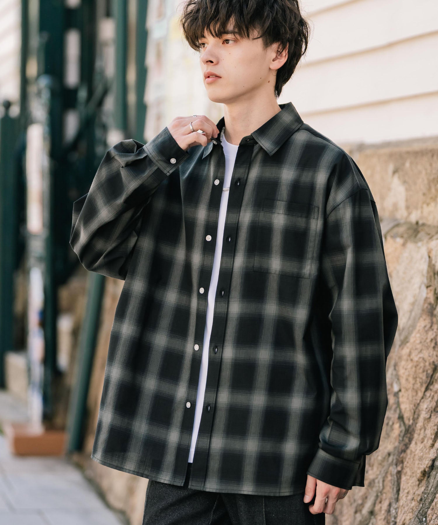 ロッキーモンロー Rocky Monroe カジュアルシャツ 長袖 メンズ チェック ストライプ 無地 TCブロード 白シャツ オーバーサイズ リラックス レギュラーカラー 胸ポケット 14718 （ブラック2(チェック)） ブラック2(チェック)