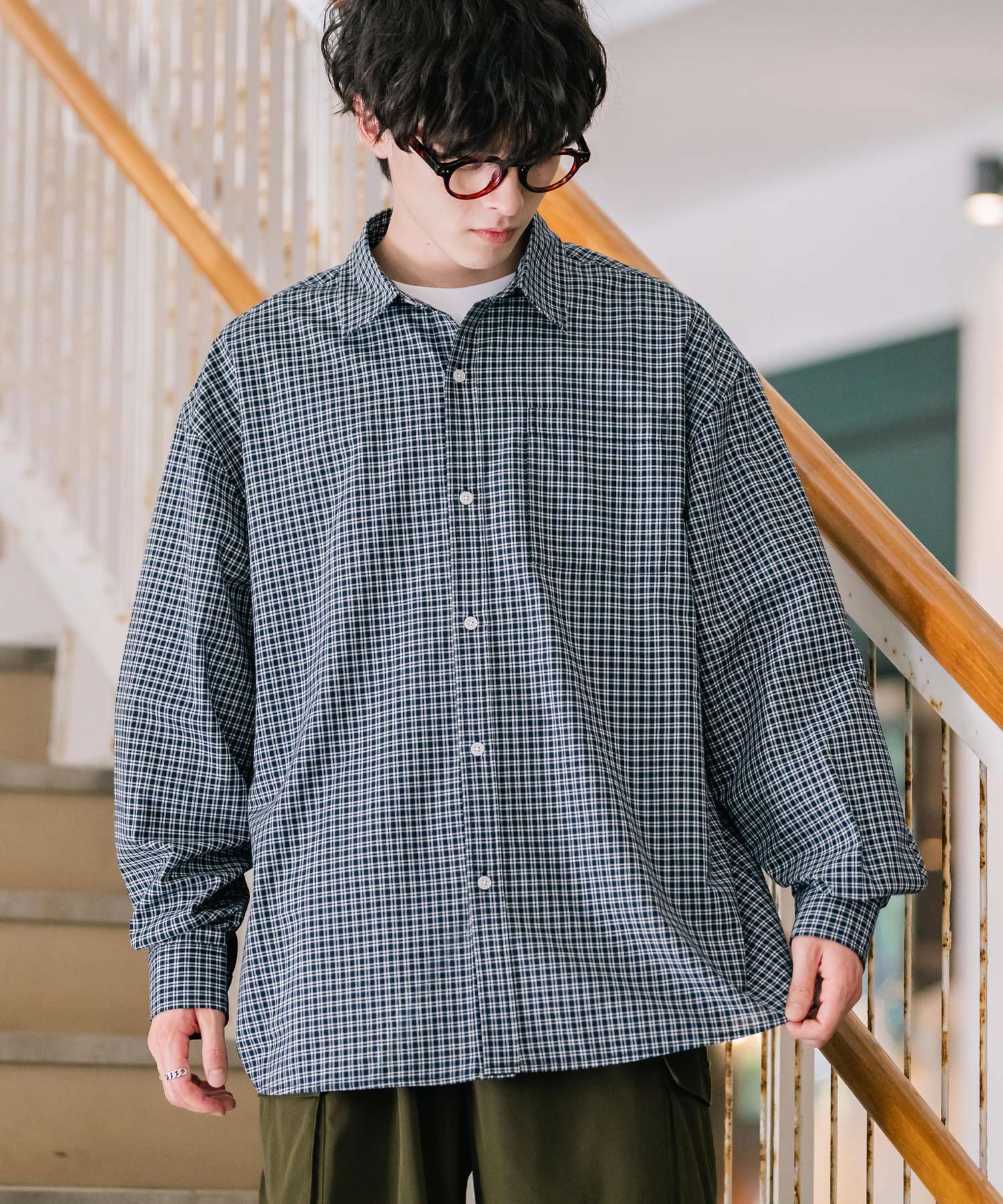 ロッキーモンロー Rocky Monroe カジュアルシャツ 長袖 メンズ チェック ストライプ 無地 TCブロード 白シャツ オーバーサイズ リラックス レギュラーカラー 胸ポケット 14718 （ネイビー(チェック)） ネイビー(チェック)