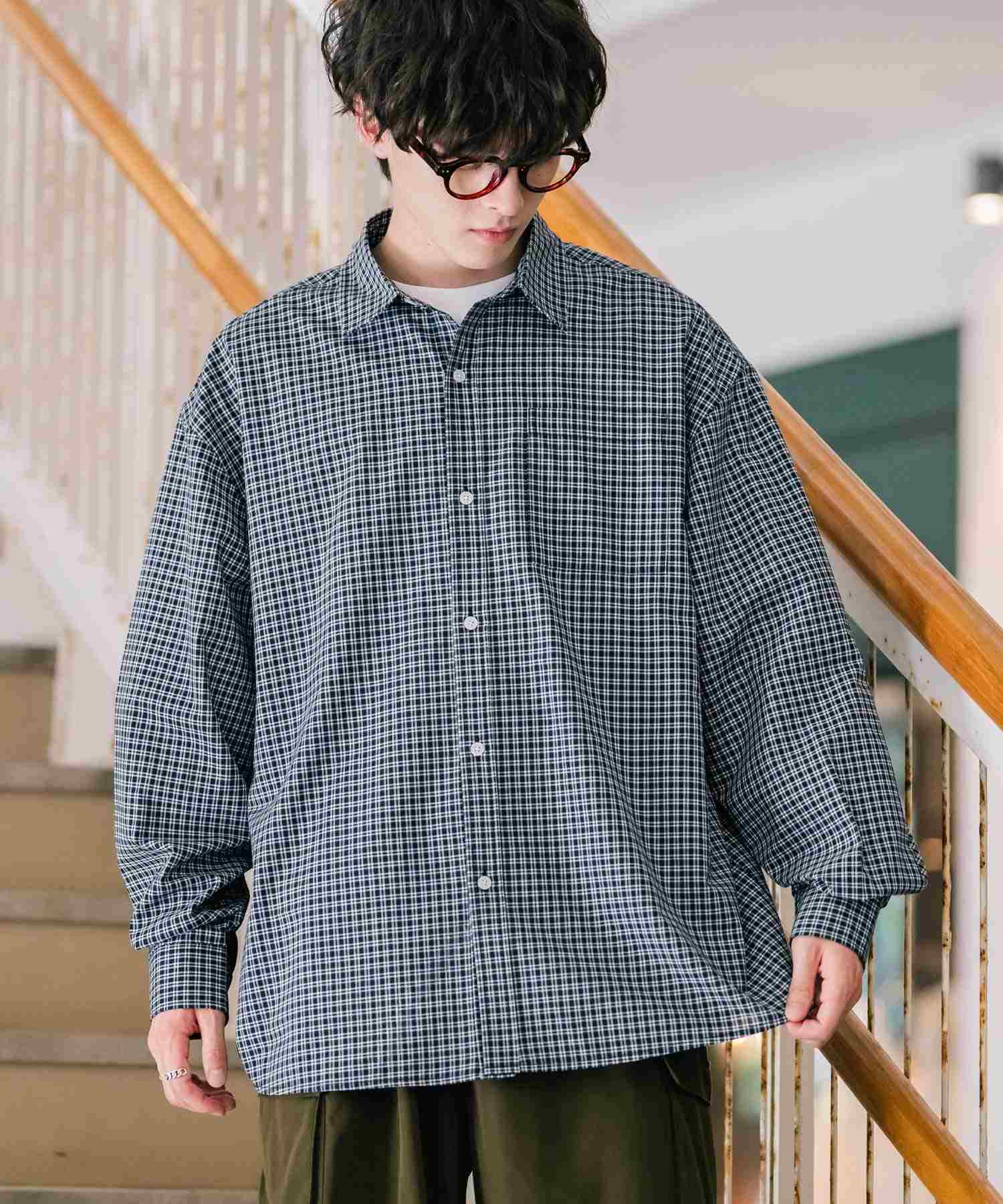 ロッキーモンロー Rocky Monroe カジュアルシャツ 長袖 メンズ チェック ストライプ 無地 TCブロード 白シャツ オーバーサイズ リラックス レギュラーカラー 胸ポケット 14718 （ネイビー(チェック)） ネイビー(チェック)