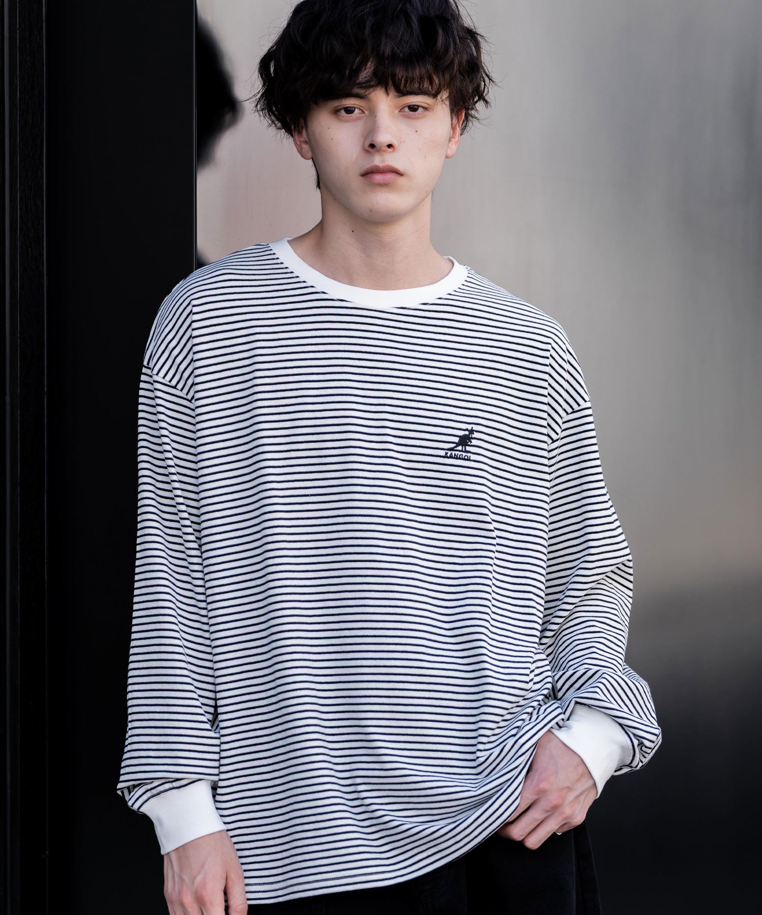 ロッキーモンロー Rocky Monroe KANGOL カンゴール Tシャツ 長袖 メンズ カットソー オーバーサイズ リラックス ボーダー ワンポイント ロゴ刺繍 シンプル カジュアル 14630 （ホワイト(ボーダー)） ホワイト(ボーダー)