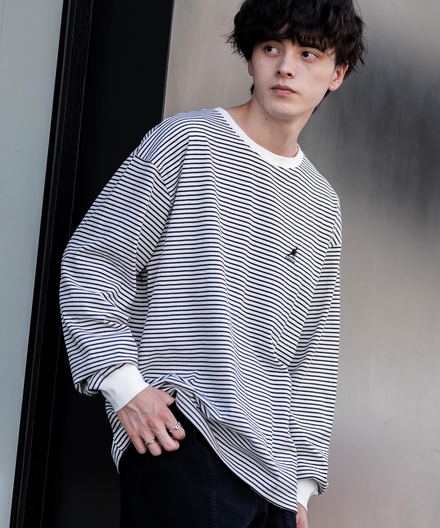 ロッキーモンロー Rocky Monroe KANGOL カンゴール Tシャツ 長袖 メンズ カットソー オーバーサイズ リラックス ボーダー ワンポイント ロゴ刺繍 シンプル カジュアル 14630 （ホワイト(ボーダー)） ホワイト(ボーダー)