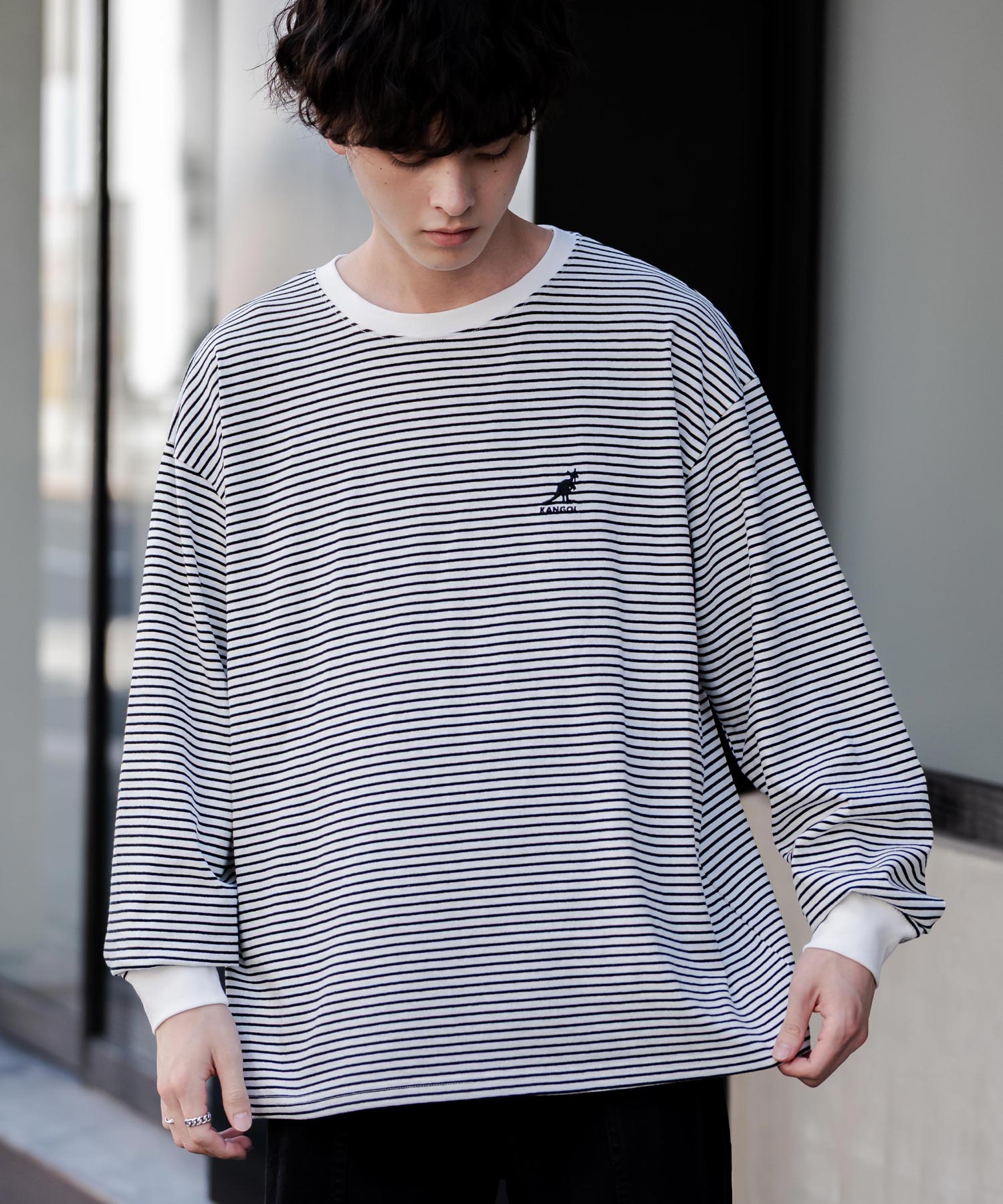 ロッキーモンロー Rocky Monroe KANGOL カンゴール Tシャツ 長袖 メンズ カットソー オーバーサイズ リラックス ボーダー ワンポイント ロゴ刺繍 シンプル カジュアル 14630 （ホワイト(ボーダー)） ホワイト(ボーダー)