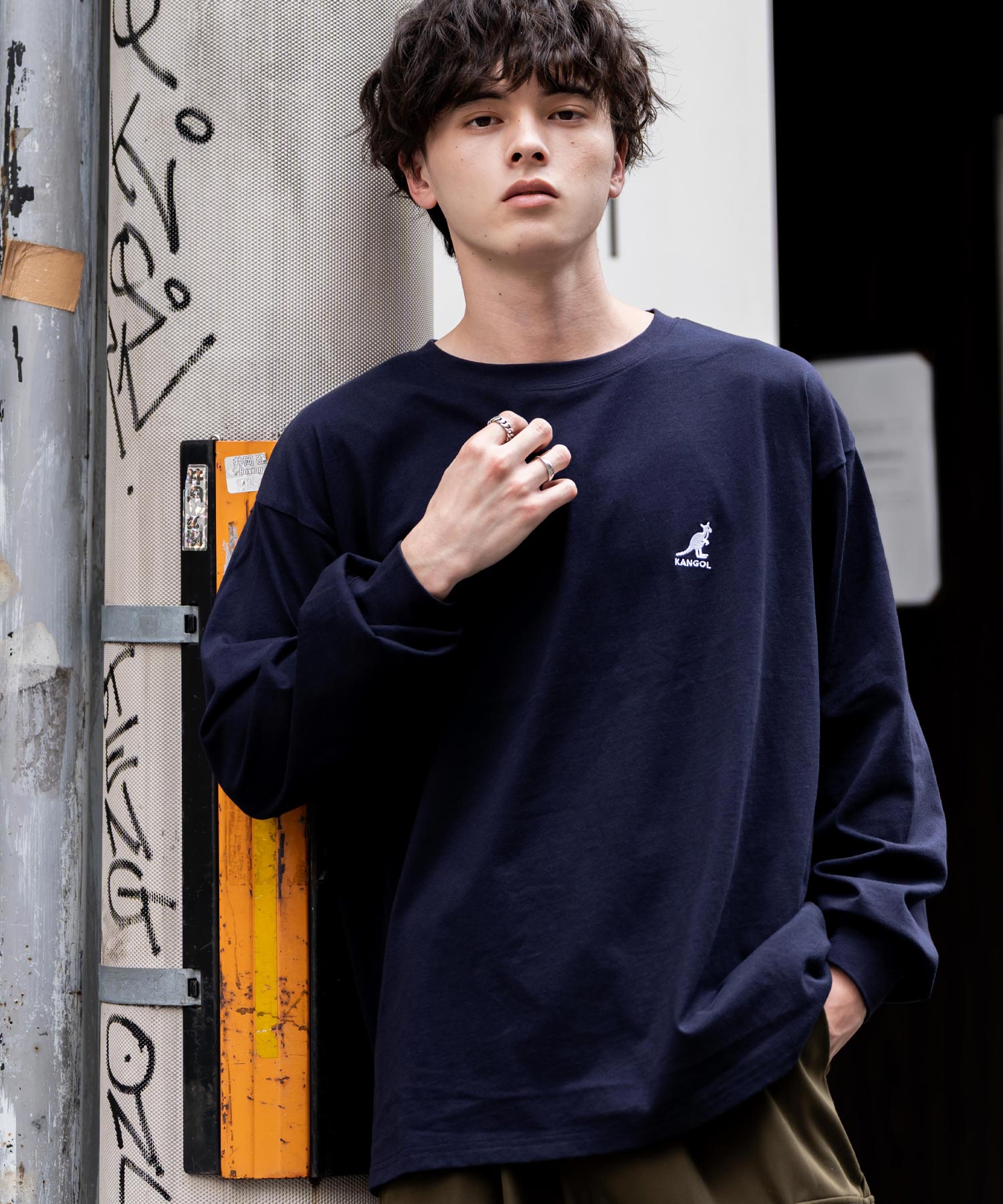 ロッキーモンロー Rocky Monroe KANGOL カンゴール Tシャツ 長袖 メンズ カットソー オーバーサイズ リラックス ボーダー ワンポイント ロゴ刺繍 シンプル カジュアル 14630 （ネイビー） ネイビー