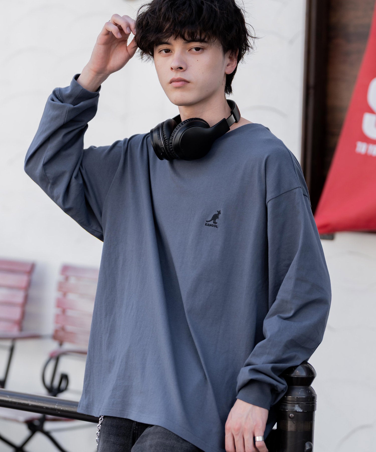 ロッキーモンロー Rocky Monroe KANGOL カンゴール Tシャツ 長袖 メンズ カットソー オーバーサイズ リラックス ボーダー ワンポイント ロゴ刺繍 シンプル カジュアル 14630 （ブルー） ブルー