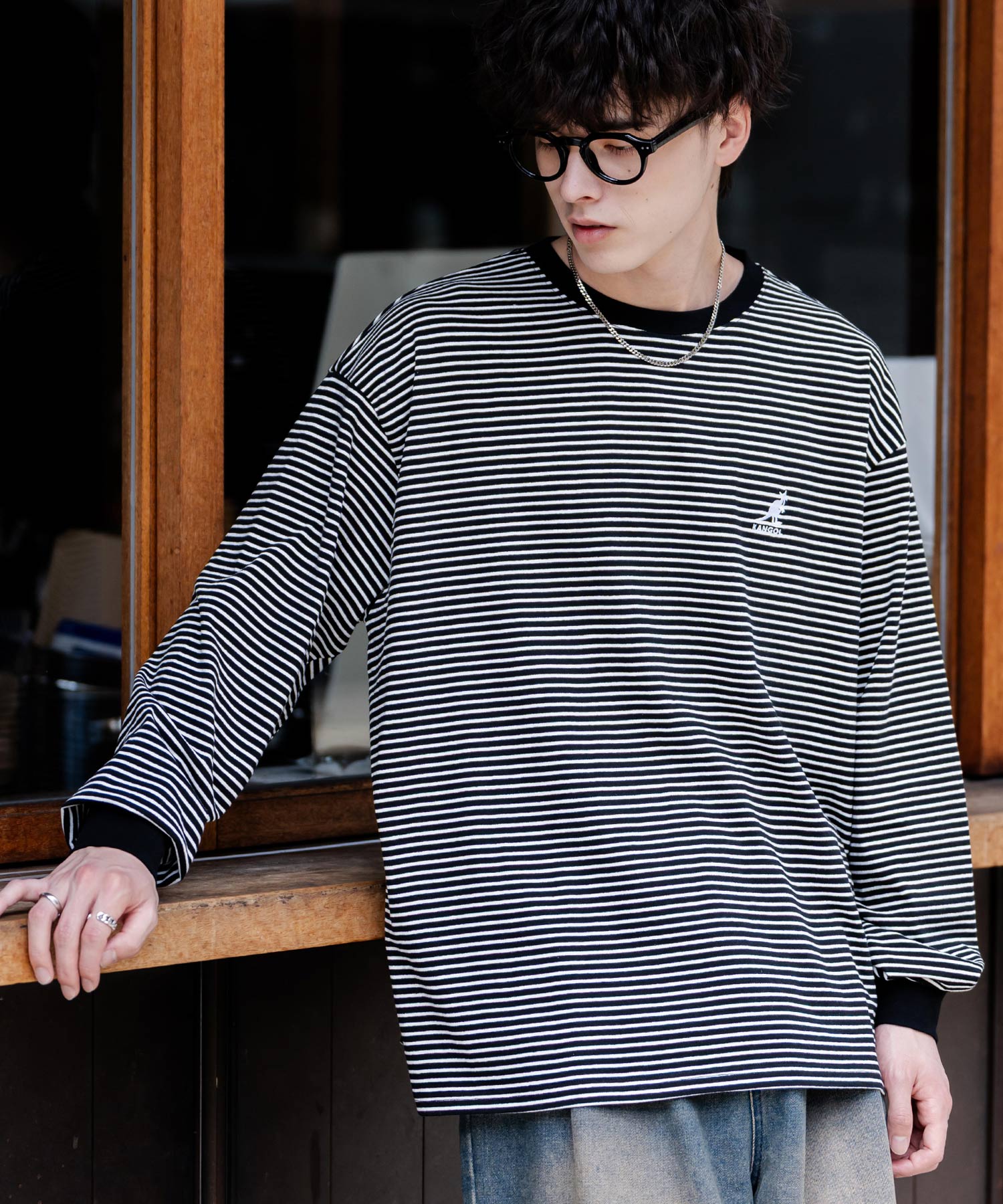 ロッキーモンロー Rocky Monroe KANGOL カンゴール Tシャツ 長袖 メンズ カットソー オーバーサイズ リラックス ボーダー ワンポイント ロゴ刺繍 シンプル カジュアル 14630 （ブラック(ボーダー)） ブラック(ボーダー)