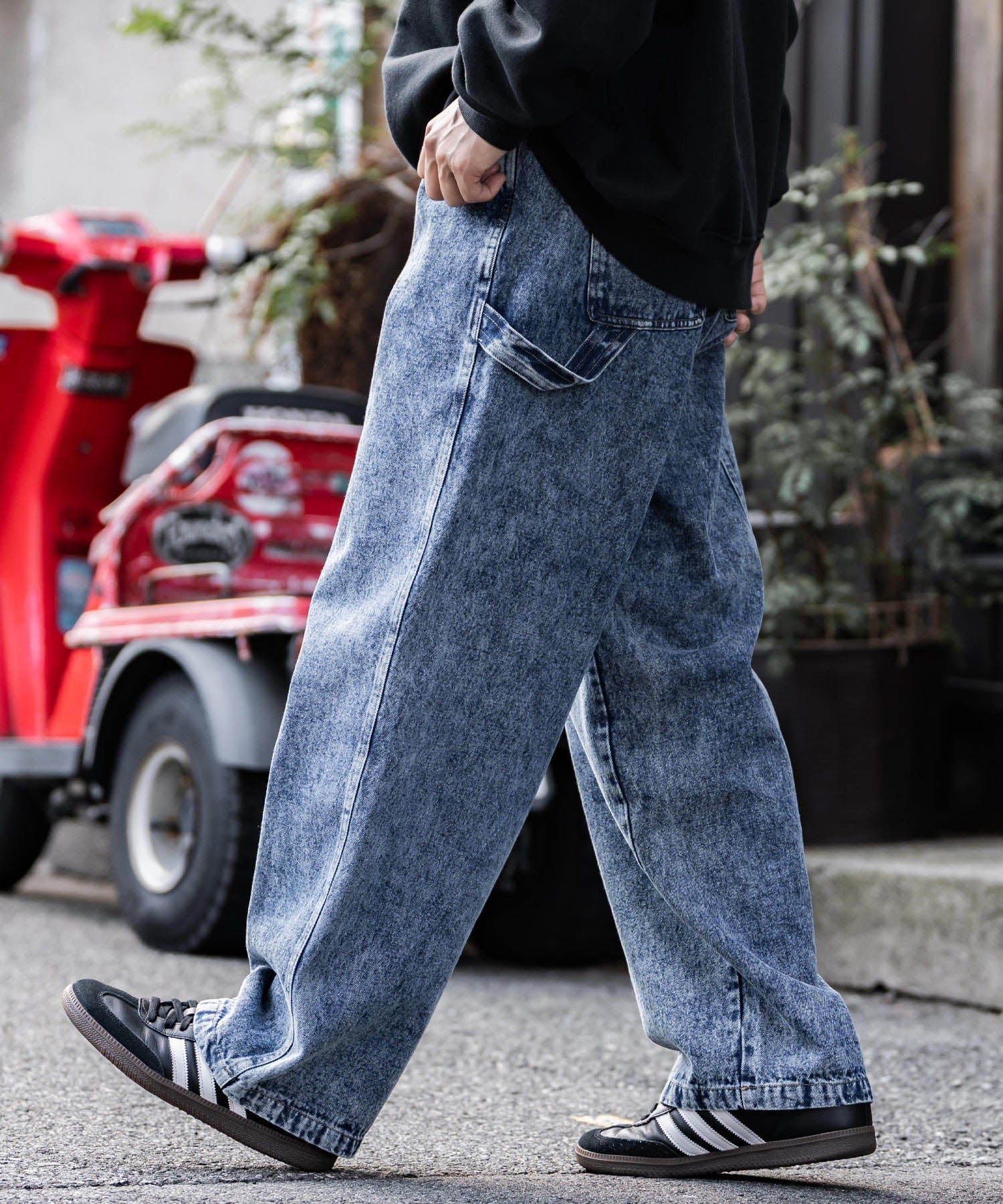 ロッキーモンロー Rocky Monroe KANGOL 別注 コラボ ペインターパンツ ワイドデニム ツイル メンズ テーパード リラックス ワンポイント ロゴ ケミカル ヴィンテージ 14631 （ブルーケミカル） ブルーケミカル