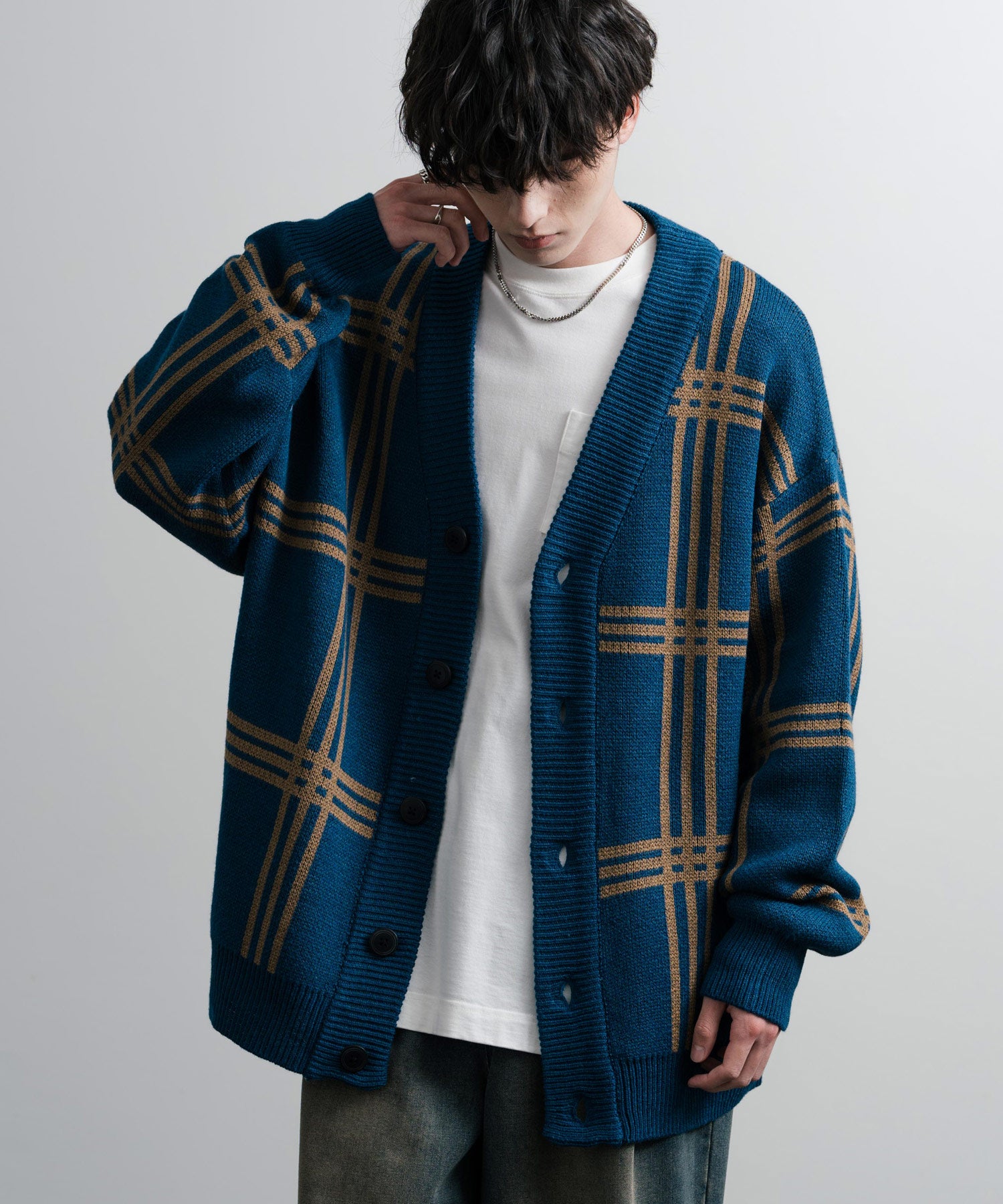 ロッキーモンロー Rocky Monroe ニットカーディガン オーバーサイズ 総柄 メンズ レディース ライトアウター ルーズ ミドルゲージ 7G カジュアル きれいめ アーガイル チェック 14739 （C-4.Mブルー） C-4.Mブルー