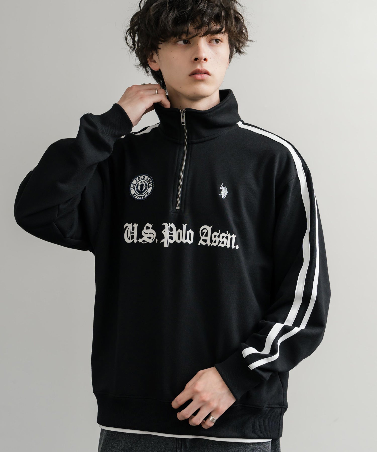 ロッキーモンロー Rocky Monroe スウェット トレーナー 長袖 ハーフジップ メンズ レディース 袖ライン ワッペン ロゴ刺繍 裏毛 スポーティー U.S. POLO ASSN.  14862 （12.オートミール） 12.オートミール