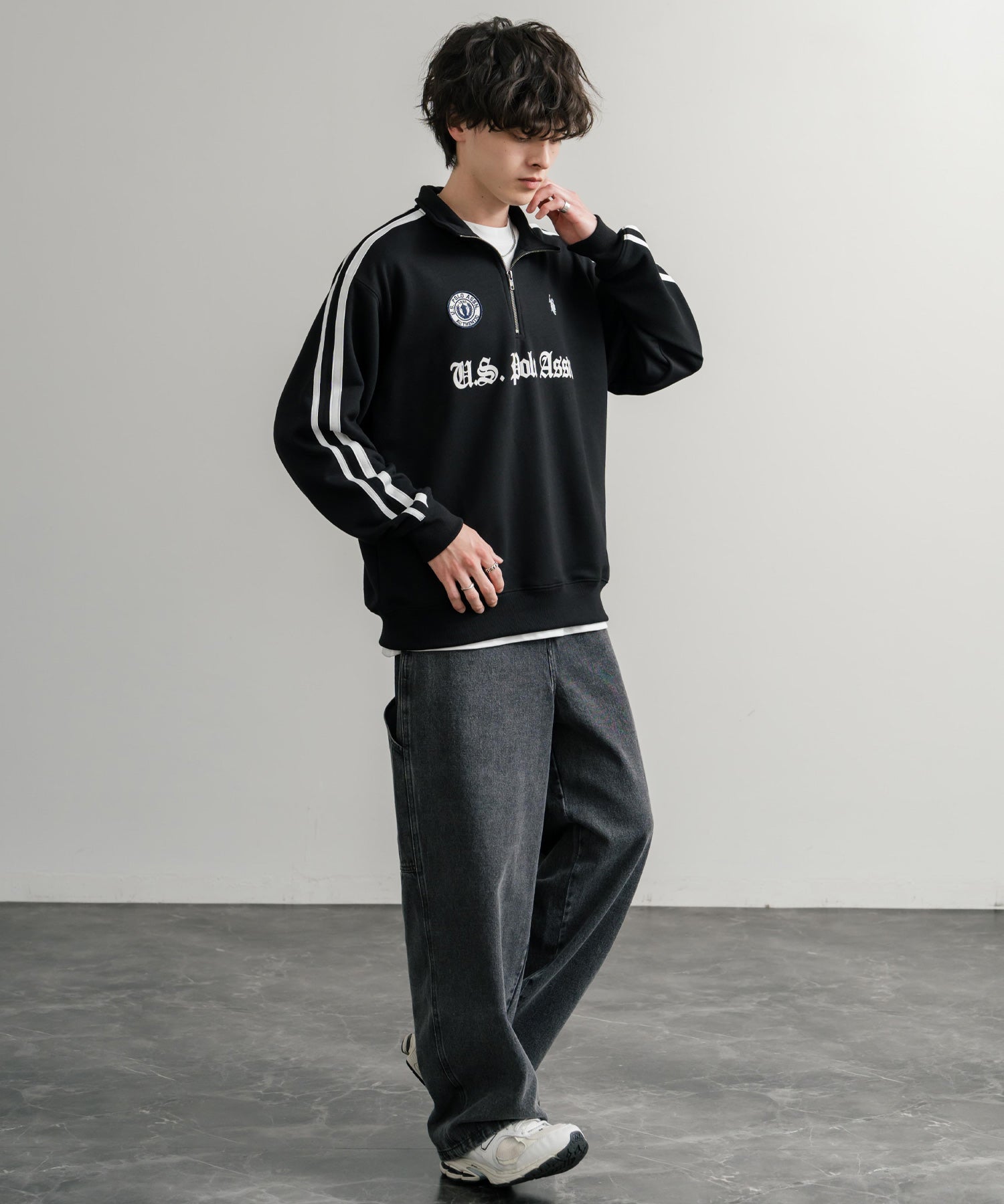 ロッキーモンロー Rocky Monroe スウェット トレーナー 長袖 ハーフジップ メンズ レディース 袖ライン ワッペン ロゴ刺繍 裏毛 スポーティー U.S. POLO ASSN.  14862 （12.オートミール） 12.オートミール