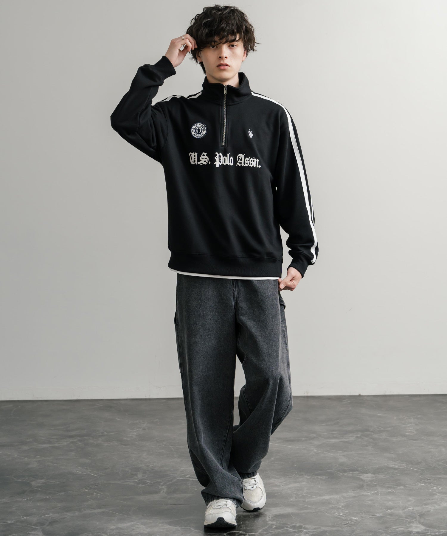 ロッキーモンロー Rocky Monroe スウェット トレーナー 長袖 ハーフジップ メンズ レディース 袖ライン ワッペン ロゴ刺繍 裏毛 スポーティー U.S. POLO ASSN.  14862 （12.オートミール） 12.オートミール
