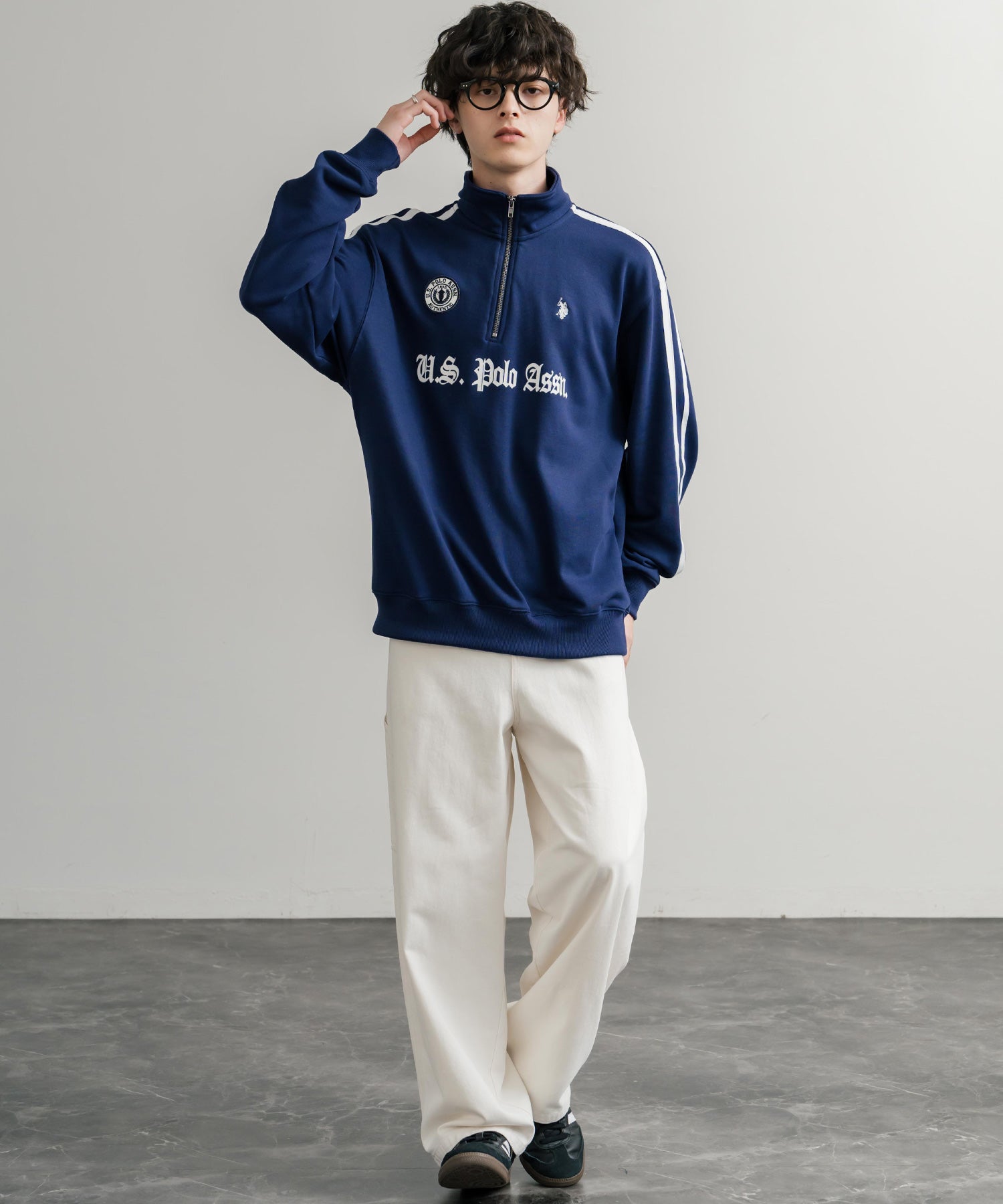 ロッキーモンロー Rocky Monroe スウェット トレーナー 長袖 ハーフジップ メンズ レディース 袖ライン ワッペン ロゴ刺繍 裏毛 スポーティー U.S. POLO ASSN.  14862 （12.オートミール） 12.オートミール