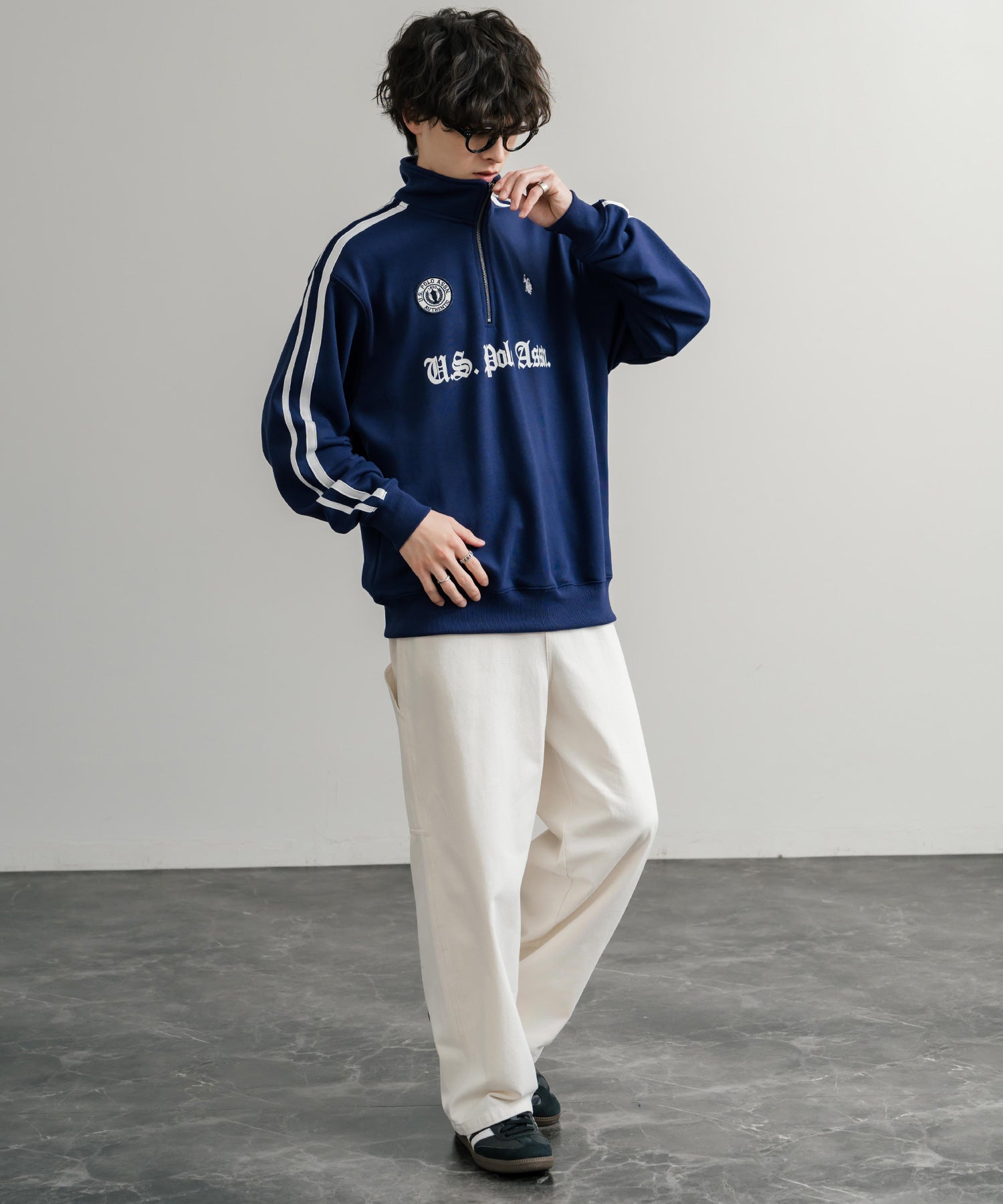 ロッキーモンロー Rocky Monroe スウェット トレーナー 長袖 ハーフジップ メンズ レディース 袖ライン ワッペン ロゴ刺繍 裏毛 スポーティー U.S. POLO ASSN.  14862 （12.オートミール） 12.オートミール