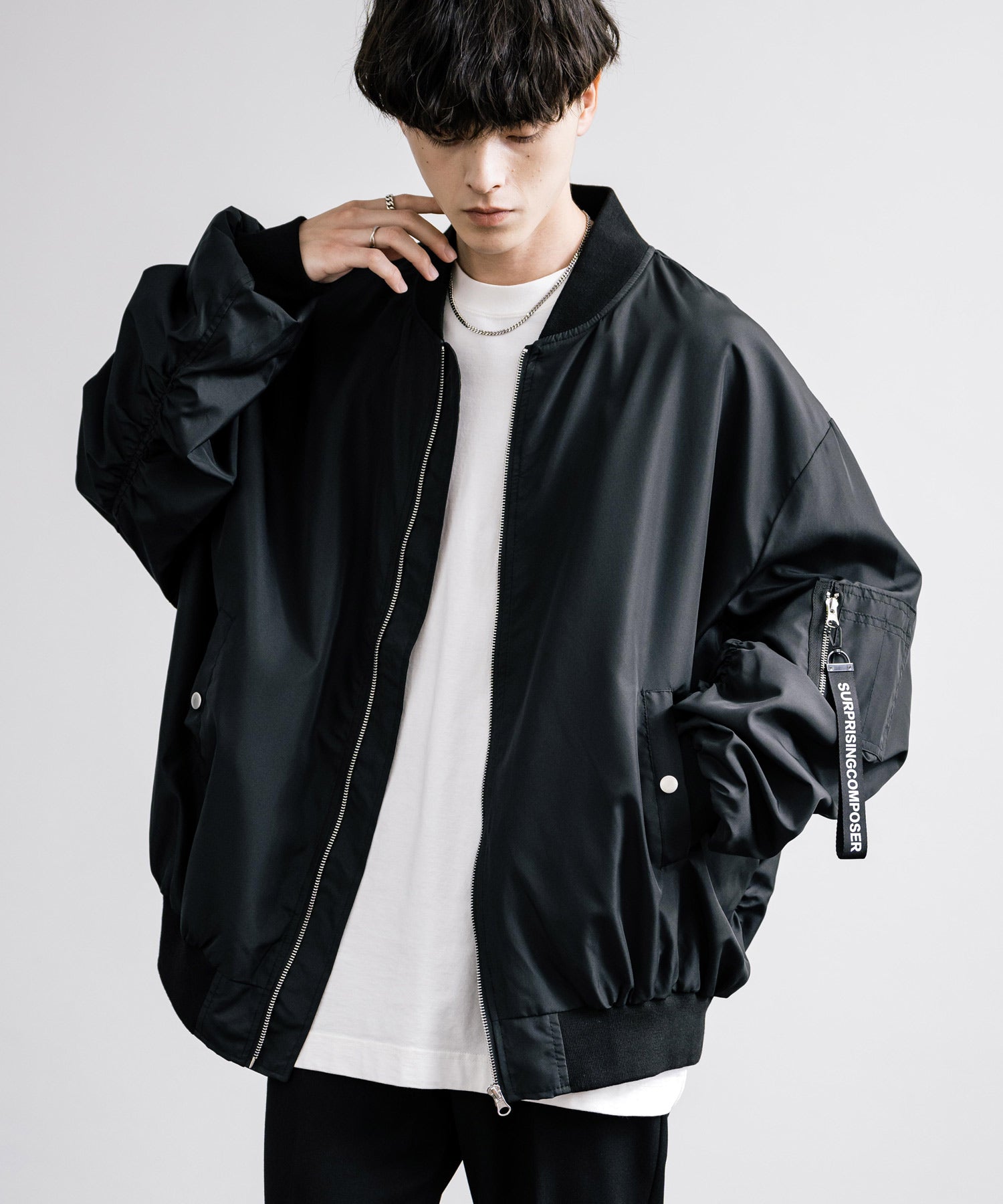 ロッキーモンロー Rocky Monroe MA-1 フライトジャケット ブルゾン メンズ レディース ライトアウター オーバーサイズ ビッグシルエット バルーンスリーブ  撥水 DEWSPO 14533 （ブラック） ブラック