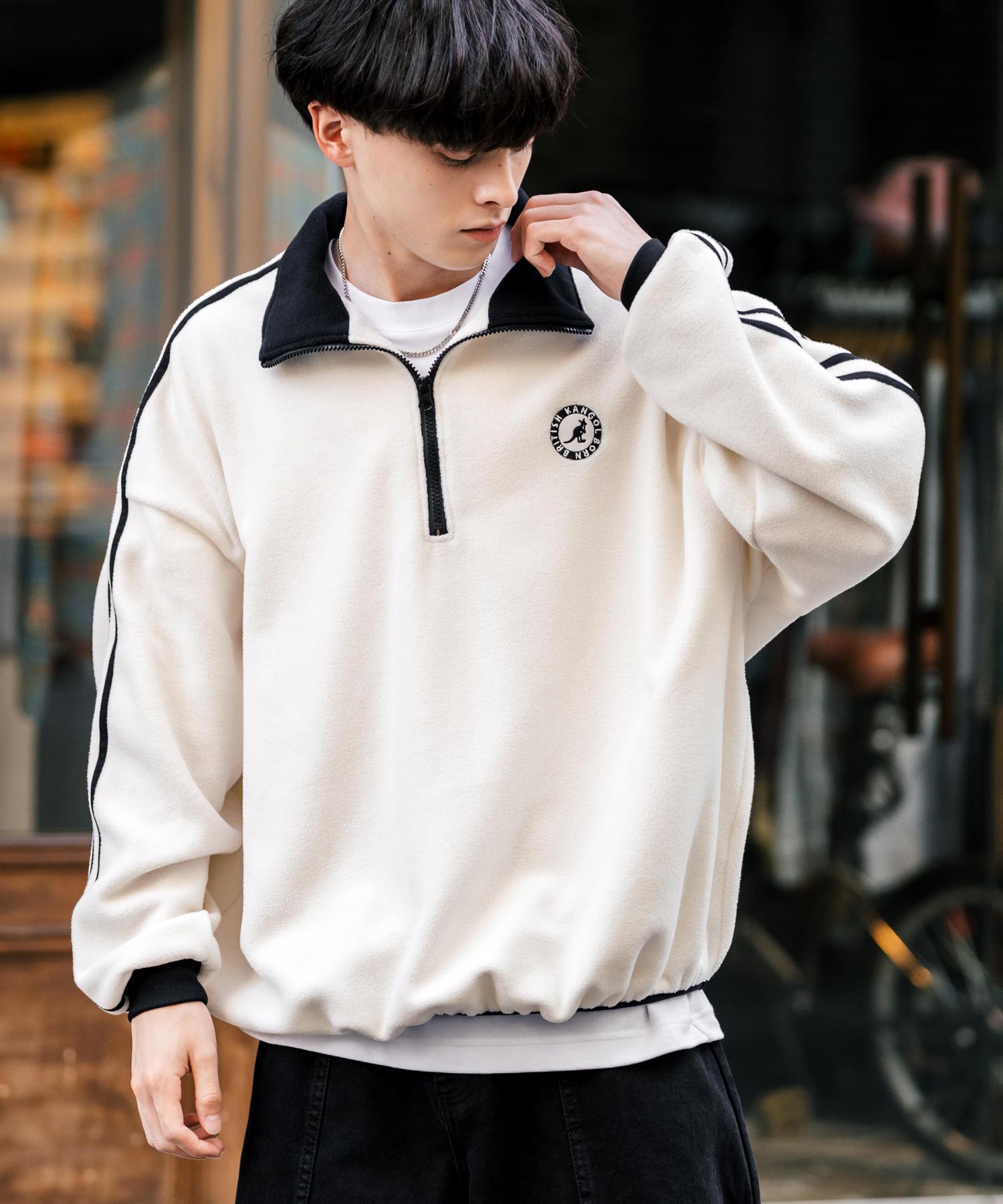 ロッキーモンロー Rocky Monroe KANGOL カンゴール 別注 フリース ハーフジップ メンズ レディース オーバーサイズ ロゴ刺繍 サイドライン ストリート スポーティー  蓄熱 15157 （オフ×ブラック） オフ×ブラック