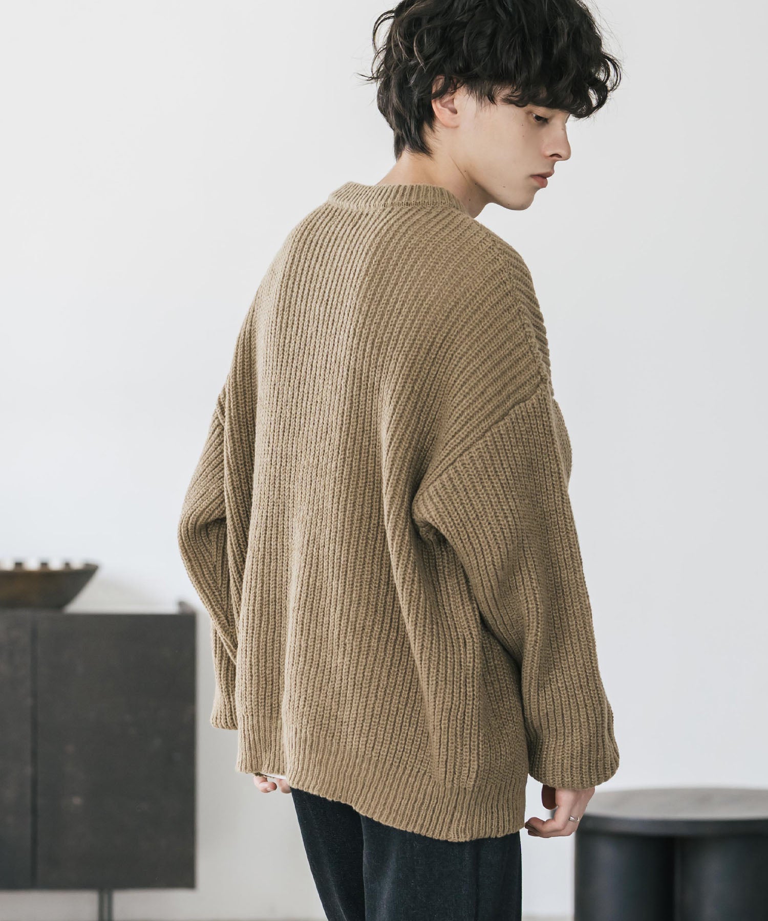 ロッキーモンロー Rocky Monroe ニット セーター 無地 長袖 メンズ レディース 畦編み オーバーサイズ ボリュームニット ヘンリーネック カジュアル きれいめ ウォッシャブル 14554 （オフ） オフ