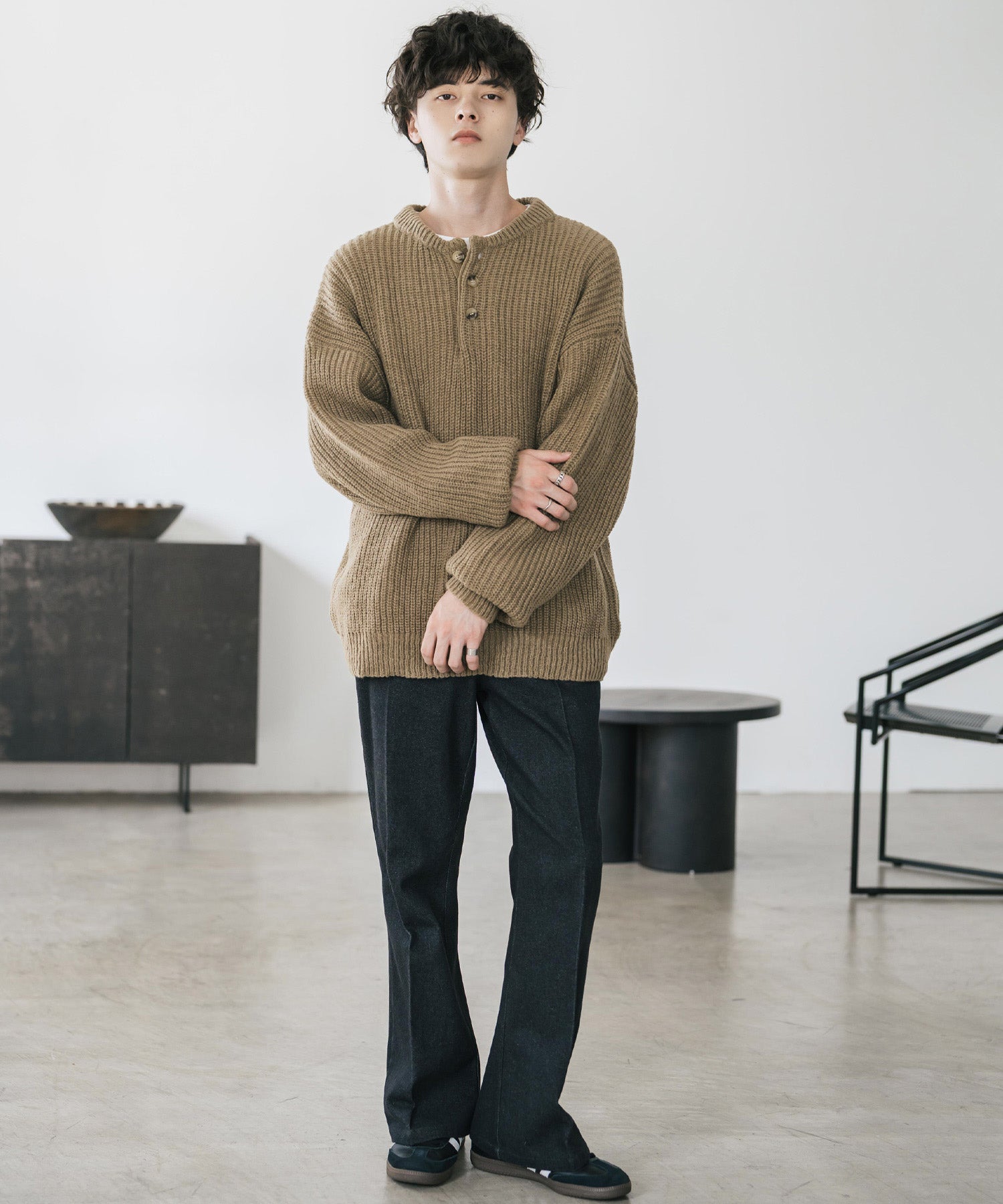 ロッキーモンロー Rocky Monroe ニット セーター 無地 長袖 メンズ レディース 畦編み オーバーサイズ ボリュームニット ヘンリーネック カジュアル きれいめ ウォッシャブル 14554 （オフ） オフ