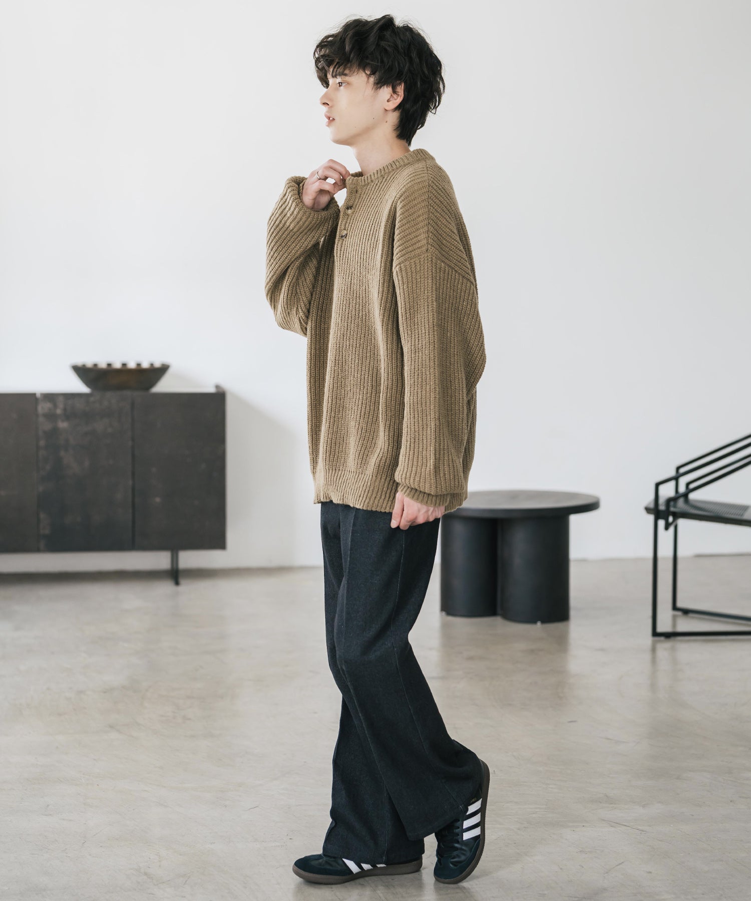 ロッキーモンロー Rocky Monroe ニット セーター 無地 長袖 メンズ レディース 畦編み オーバーサイズ ボリュームニット ヘンリーネック カジュアル きれいめ ウォッシャブル 14554 （オフ） オフ