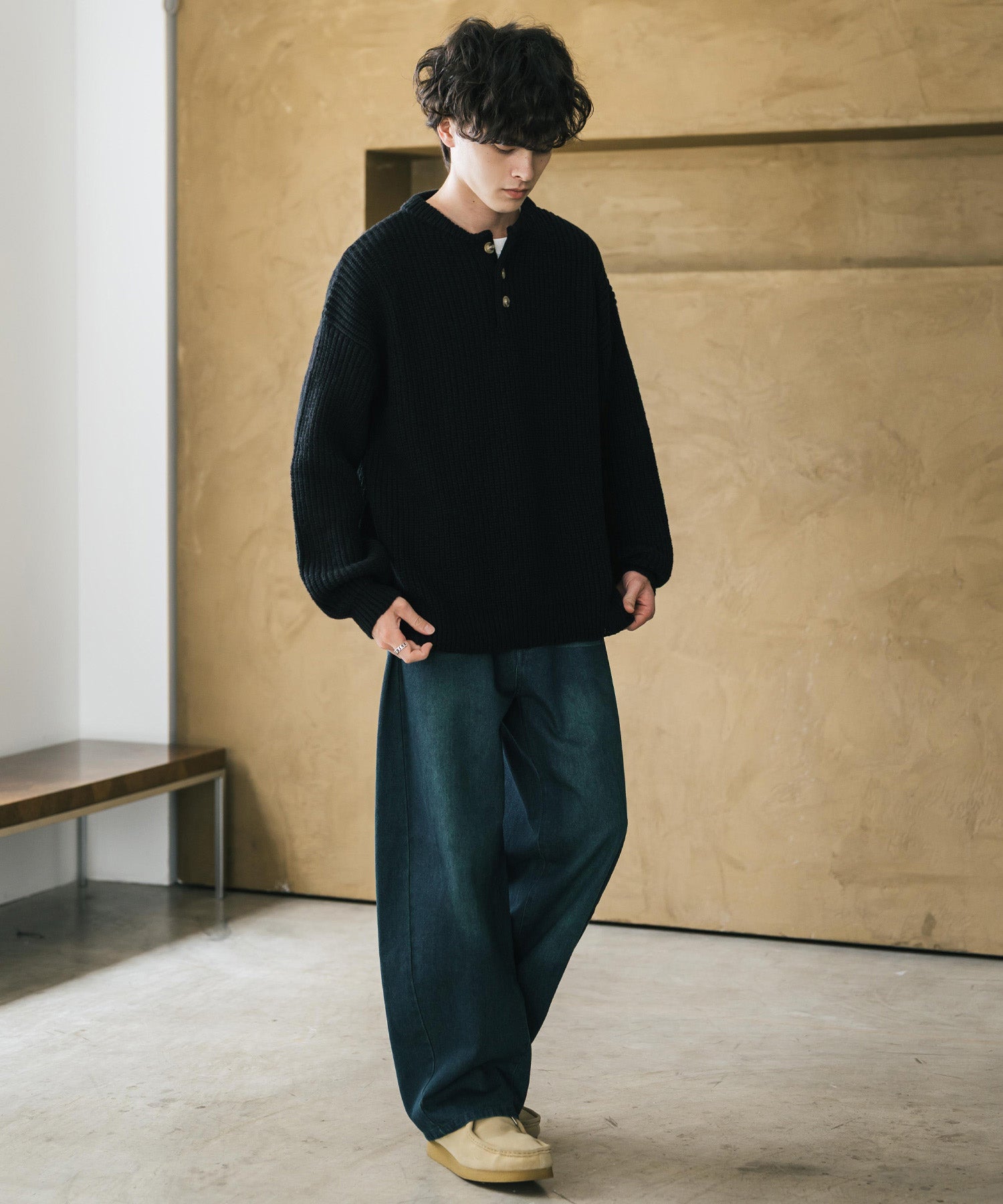 ロッキーモンロー Rocky Monroe ニット セーター 無地 長袖 メンズ レディース 畦編み オーバーサイズ ボリュームニット ヘンリーネック カジュアル きれいめ ウォッシャブル 14554 （オフ） オフ