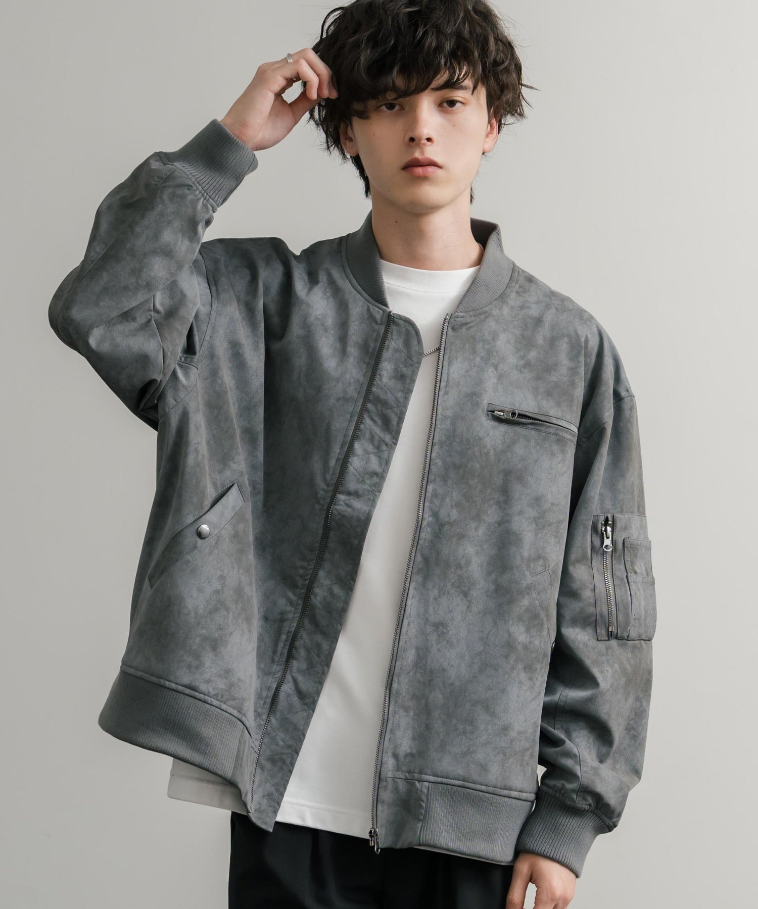 ロッキーモンロー Rocky Monroe ブルゾン フライトジャケット MA-1 メンズ レディース ライダース アウター ミリタリー 合成皮革 PU オーバーサイズ ヴィンテージ 古着 14685 （グレー） グレー