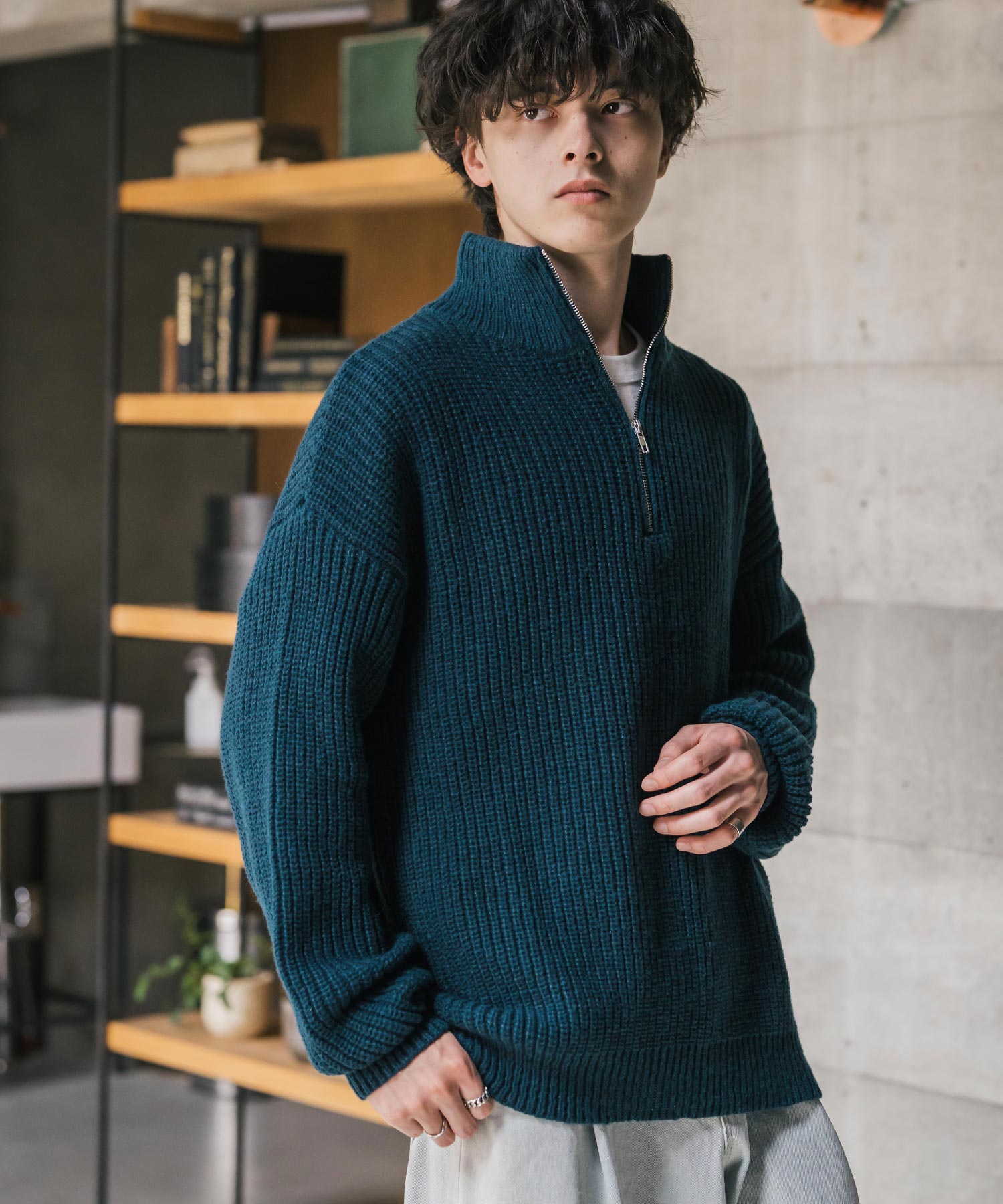 ロッキーモンロー Rocky Monroe ニット セーター ハーフジップ メンズ レディース 無地 長袖 畦編み ミドルゲージ オーバーサイズ 柔らかい 暖かい ウォッシャブル  14553 （B.グリーン） B.グリーン