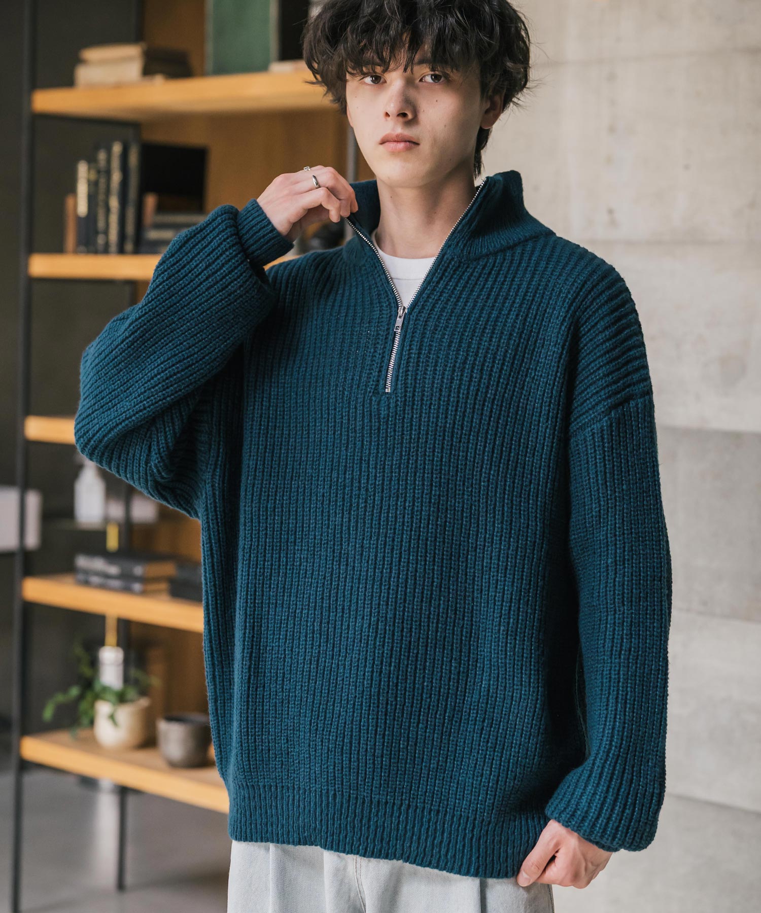 ロッキーモンロー Rocky Monroe ニット セーター ハーフジップ メンズ レディース 無地 長袖 畦編み ミドルゲージ オーバーサイズ 柔らかい 暖かい ウォッシャブル  14553 （B.グリーン） B.グリーン