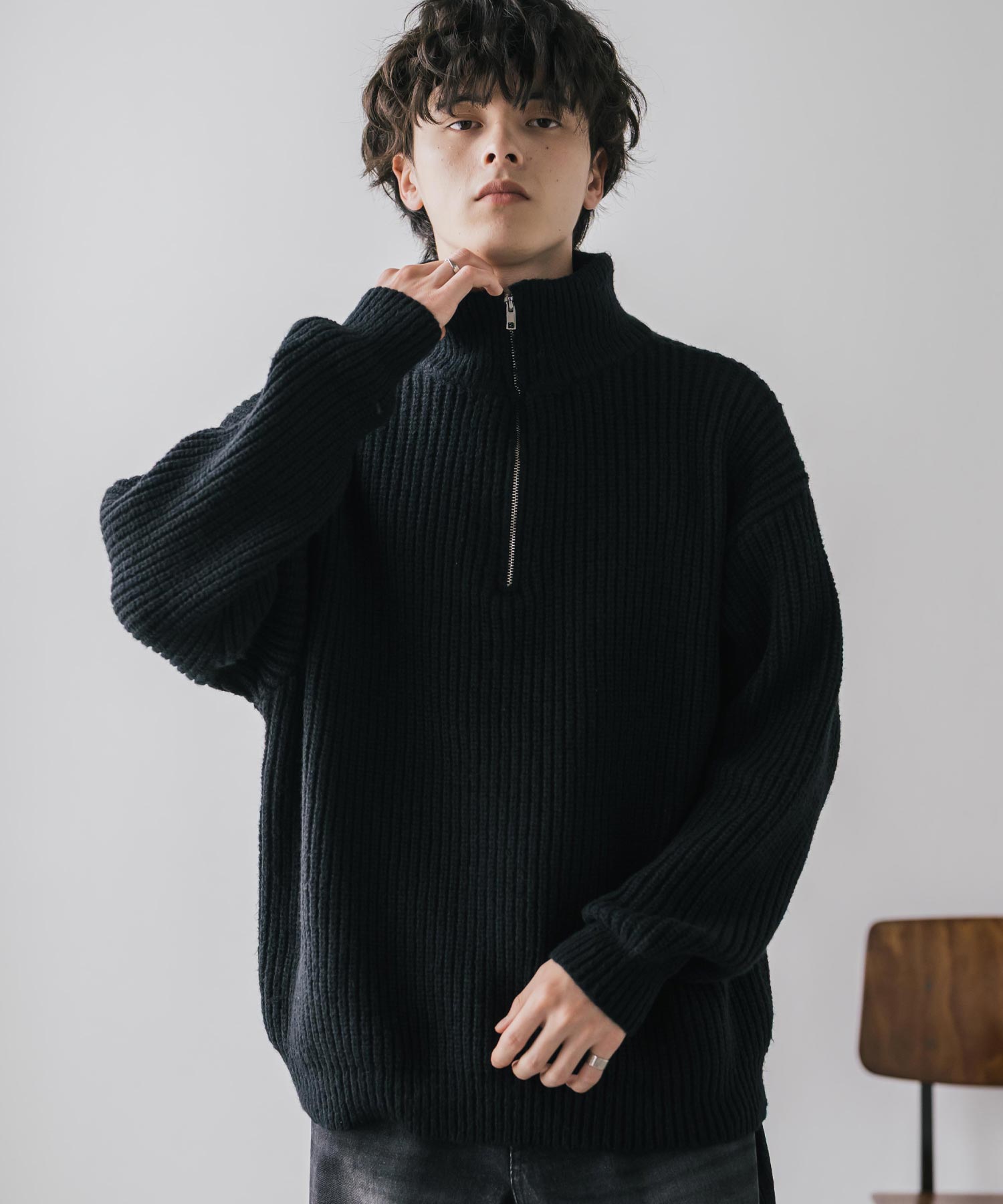 ロッキーモンロー Rocky Monroe ニット セーター ハーフジップ メンズ レディース 無地 長袖 畦編み ミドルゲージ オーバーサイズ 柔らかい 暖かい ウォッシャブル  14553 （B.グリーン） B.グリーン