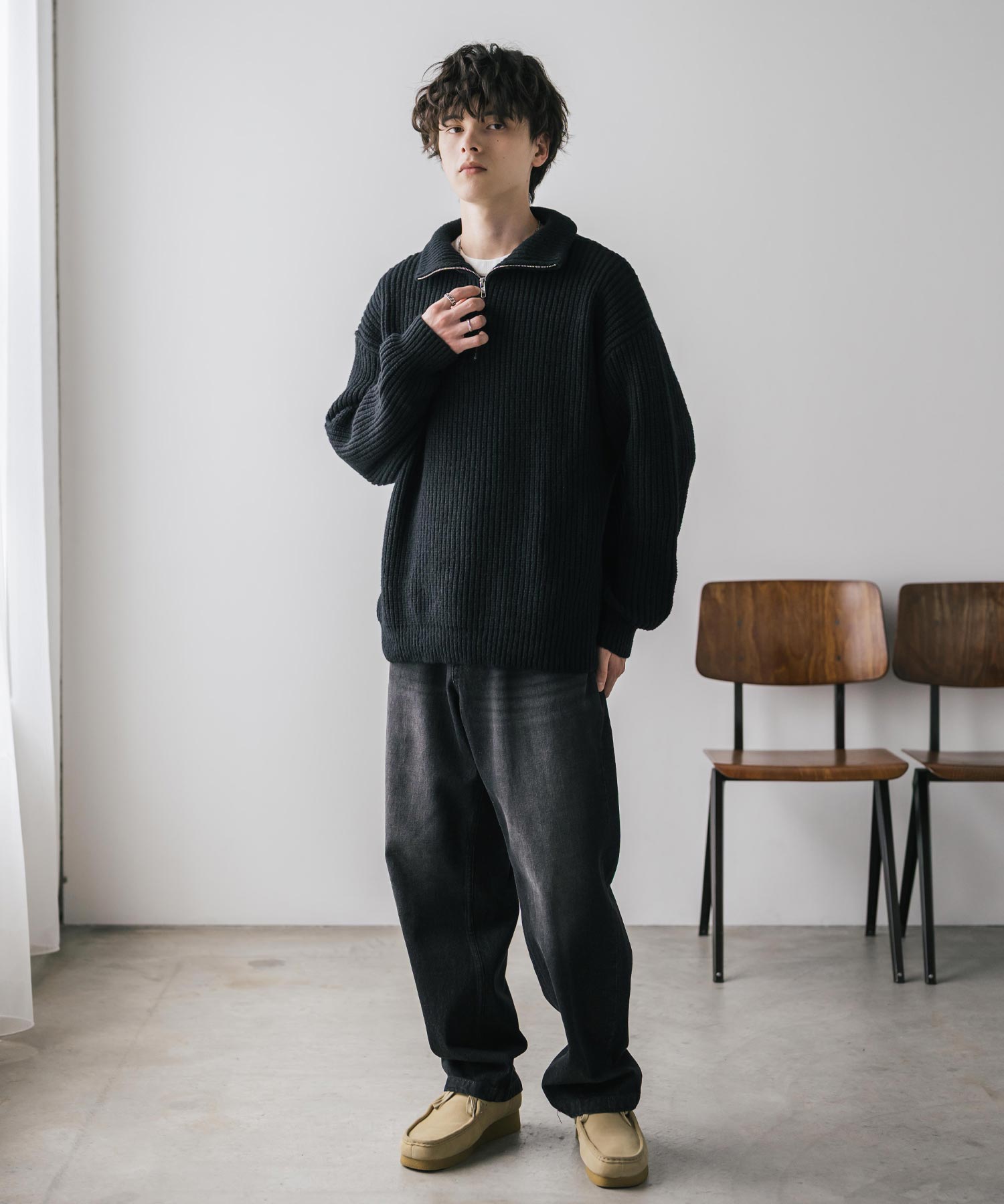 ロッキーモンロー Rocky Monroe ニット セーター ハーフジップ メンズ レディース 無地 長袖 畦編み ミドルゲージ オーバーサイズ 柔らかい 暖かい ウォッシャブル  14553 （B.グリーン） B.グリーン