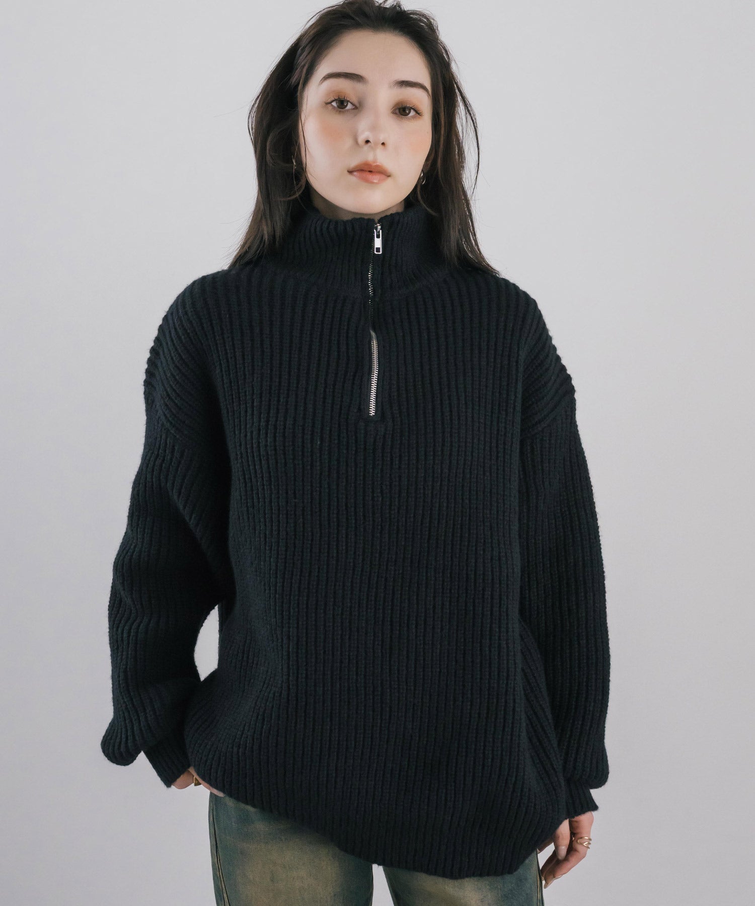 Rocky Monroe Knit Sweater Half-Zip Men Women Plain Long Sleeve Ribbed