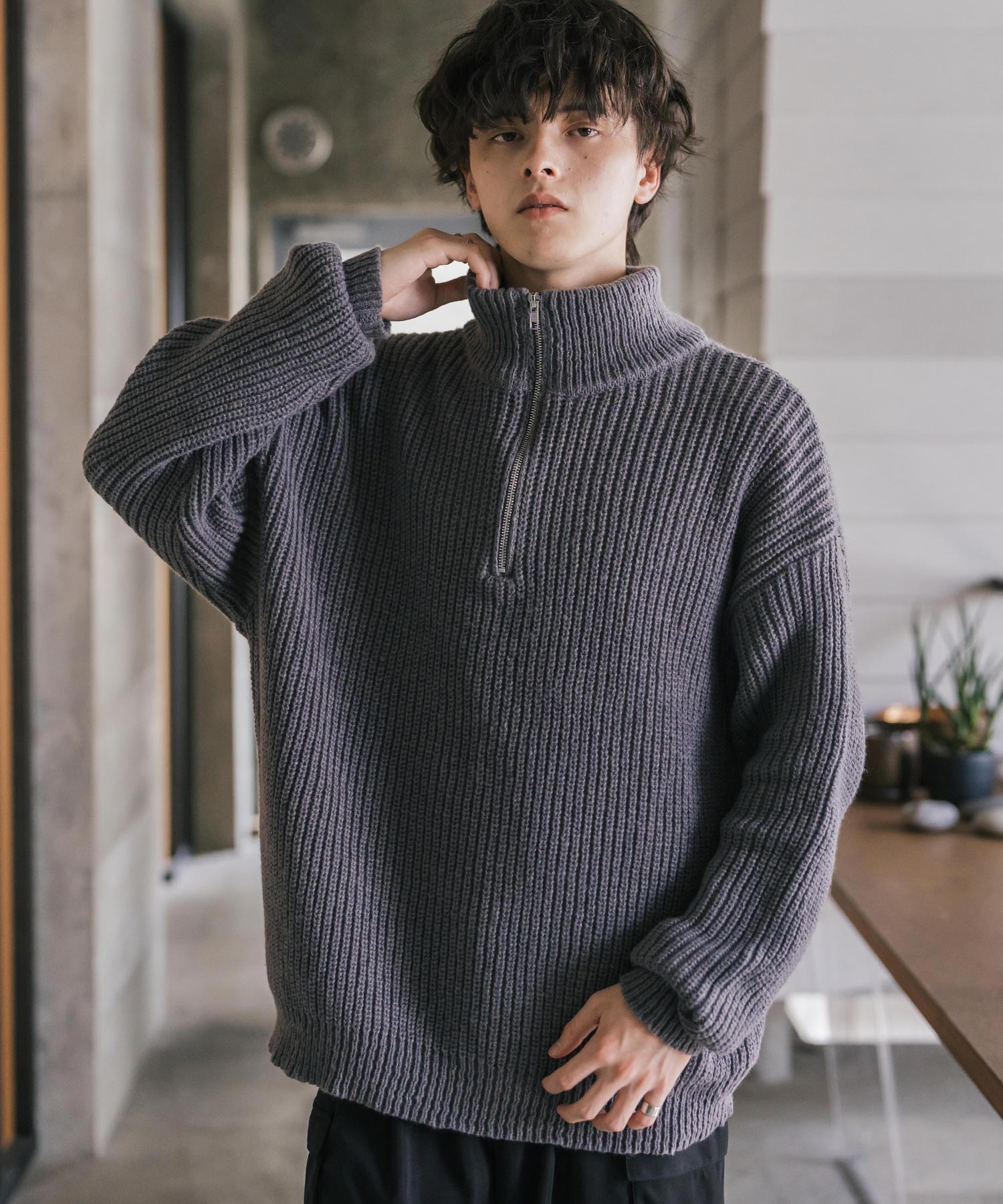 ロッキーモンロー Rocky Monroe ニット セーター ハーフジップ メンズ レディース 無地 長袖 畦編み ミドルゲージ オーバーサイズ 柔らかい 暖かい ウォッシャブル  14553 （B.グリーン） B.グリーン