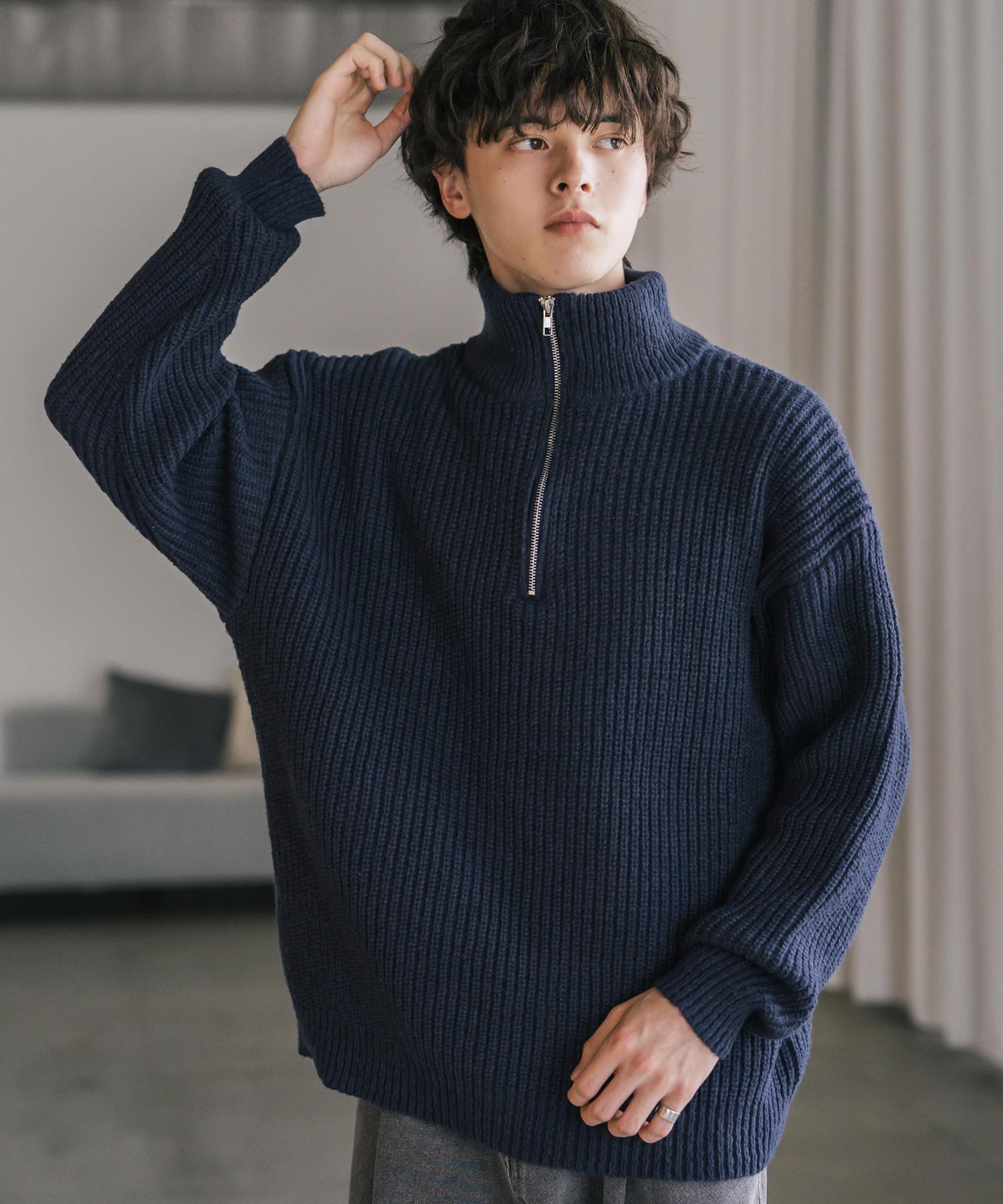 ロッキーモンロー Rocky Monroe ニット セーター ハーフジップ メンズ レディース 無地 長袖 畦編み ミドルゲージ オーバーサイズ 柔らかい 暖かい ウォッシャブル  14553 （B.グリーン） B.グリーン
