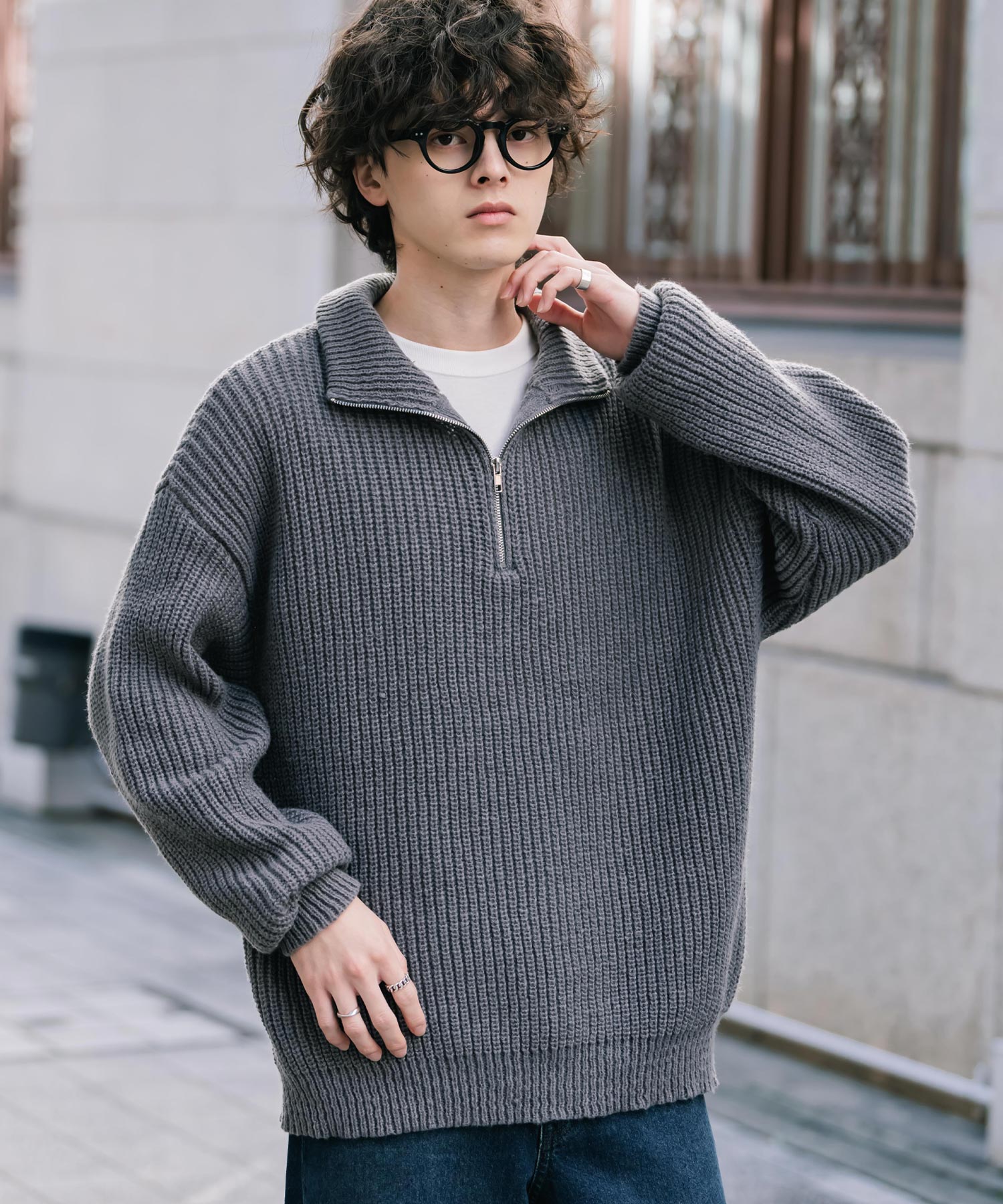 Rocky Monroe Knit Sweater Half-Zip Men Women Plain Long Sleeve Ribbed