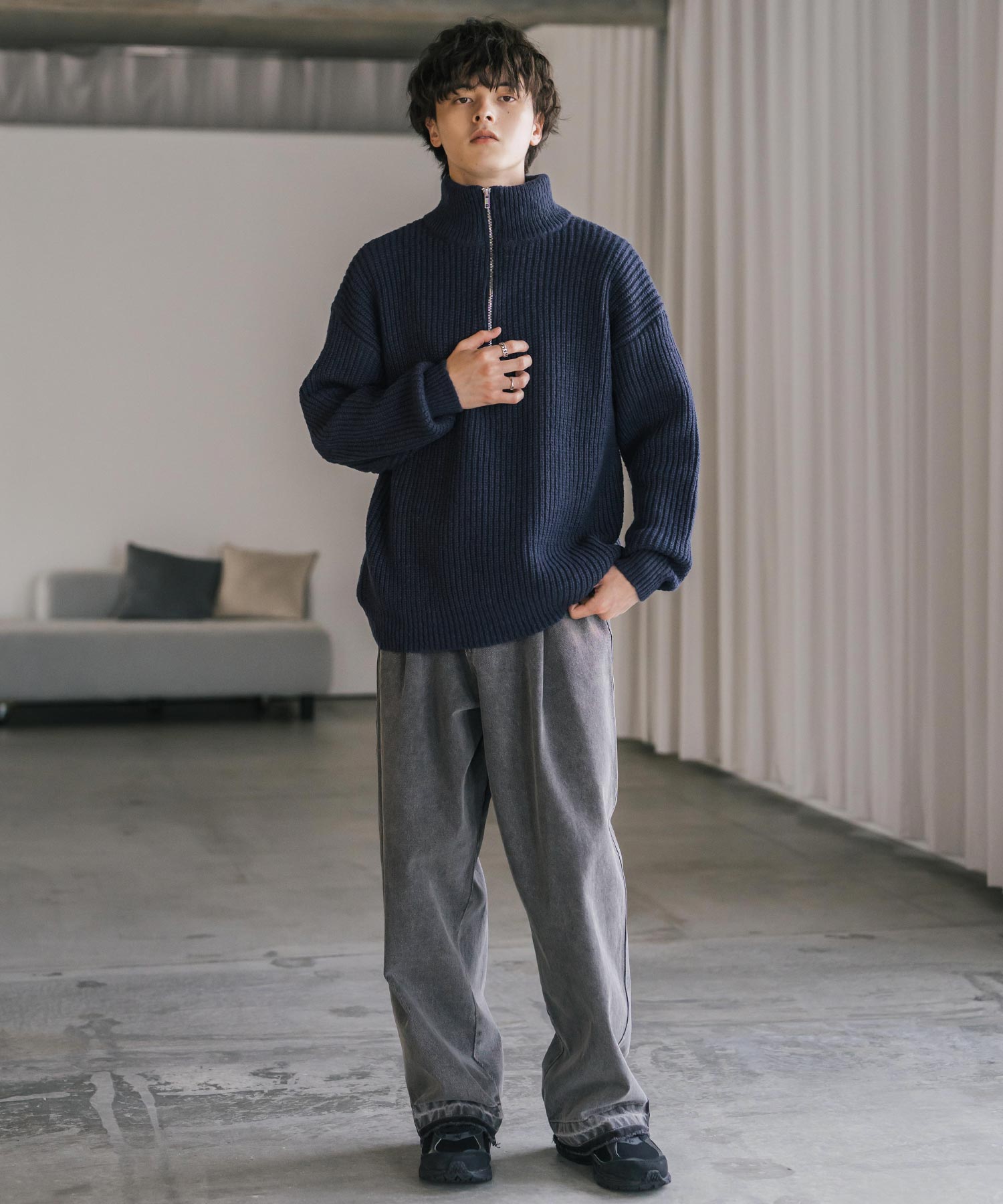 ロッキーモンロー Rocky Monroe ニット セーター ハーフジップ メンズ レディース 無地 長袖 畦編み ミドルゲージ オーバーサイズ 柔らかい 暖かい ウォッシャブル  14553 （B.グリーン） B.グリーン