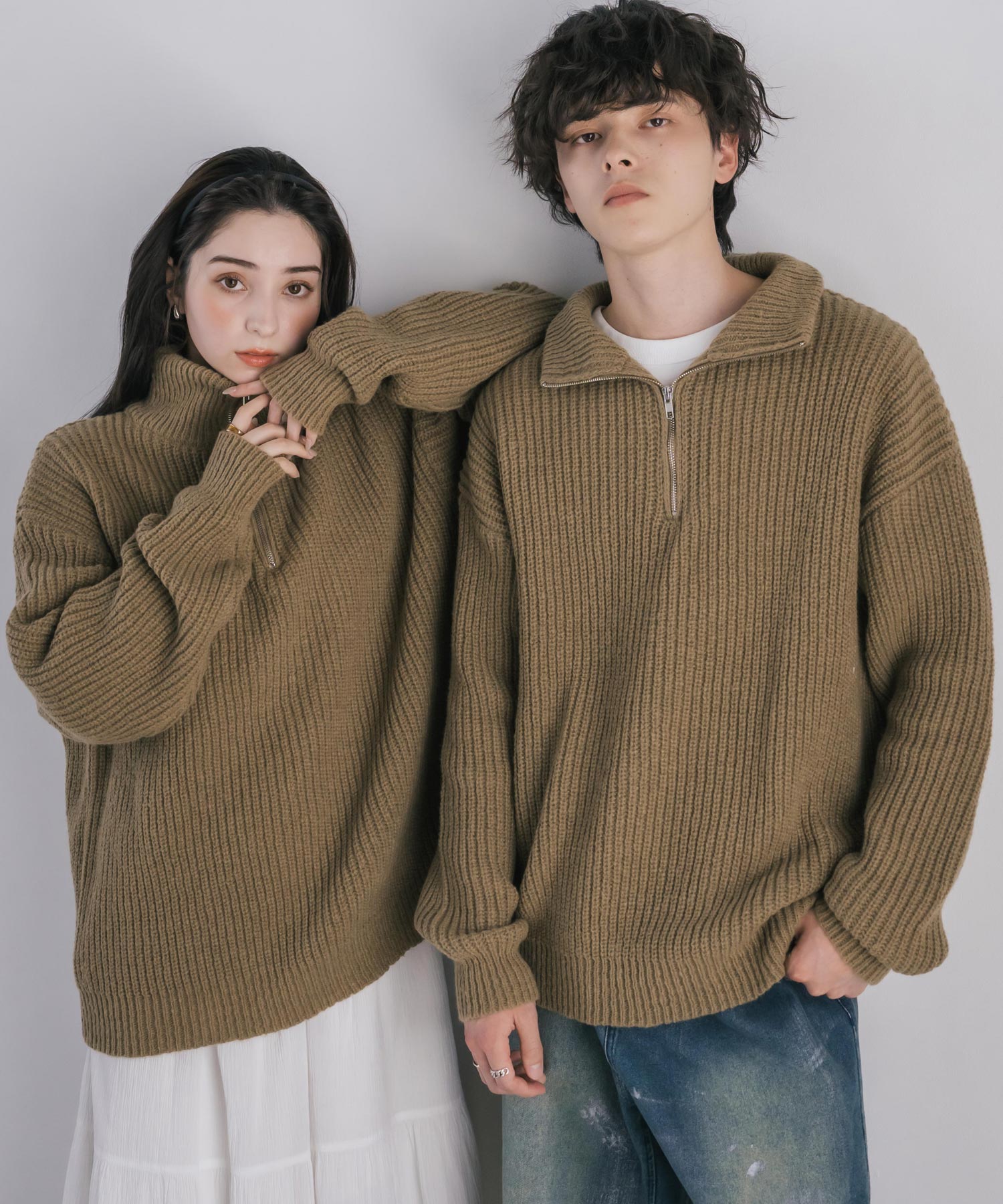 ロッキーモンロー Rocky Monroe ニット セーター ハーフジップ メンズ レディース 無地 長袖 畦編み ミドルゲージ オーバーサイズ 柔らかい 暖かい ウォッシャブル  14553 （ベージュ） ベージュ
