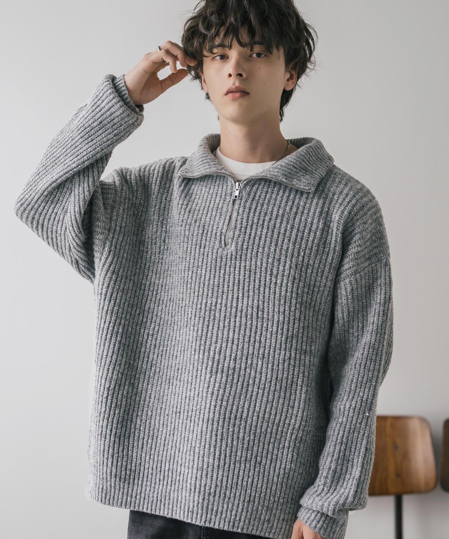 ロッキーモンロー Rocky Monroe ニット セーター ハーフジップ メンズ レディース 無地 長袖 畦編み ミドルゲージ オーバーサイズ 柔らかい 暖かい ウォッシャブル  14553 （M.グレー） M.グレー