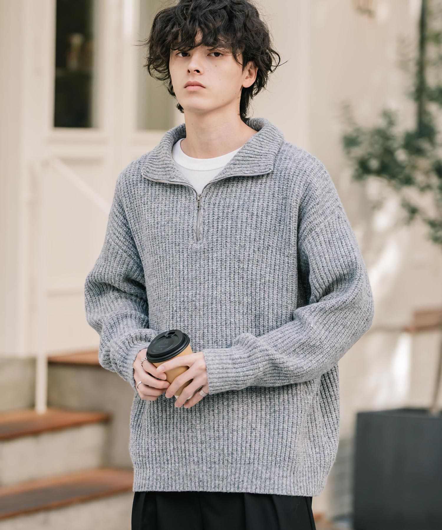 Rocky Monroe Knit Sweater Half-Zip Men Women Plain Long Sleeve Ribbed