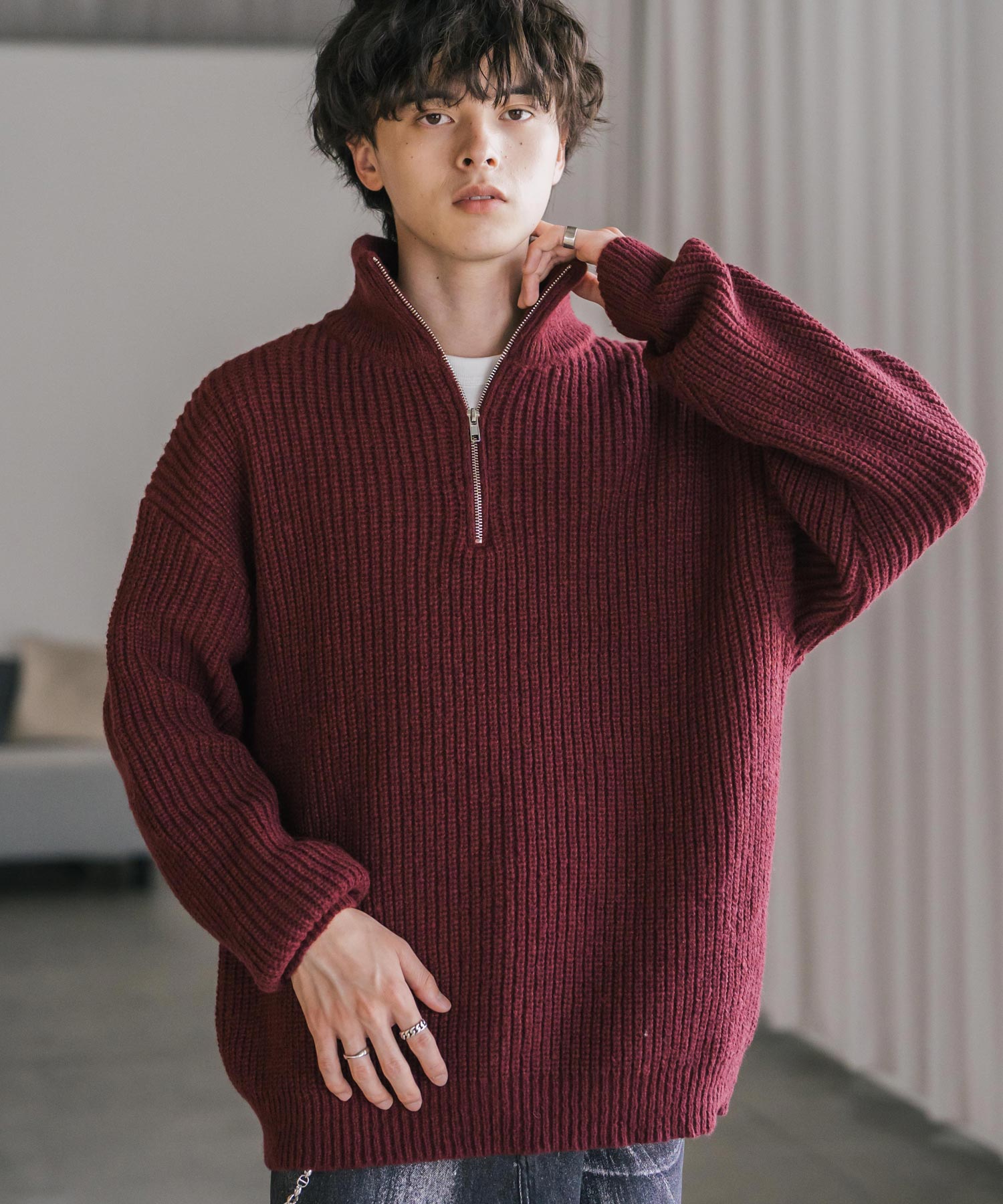 ロッキーモンロー Rocky Monroe ニット セーター ハーフジップ メンズ レディース 無地 長袖 畦編み ミドルゲージ オーバーサイズ 柔らかい 暖かい ウォッシャブル  14553 （ワイン） ワイン