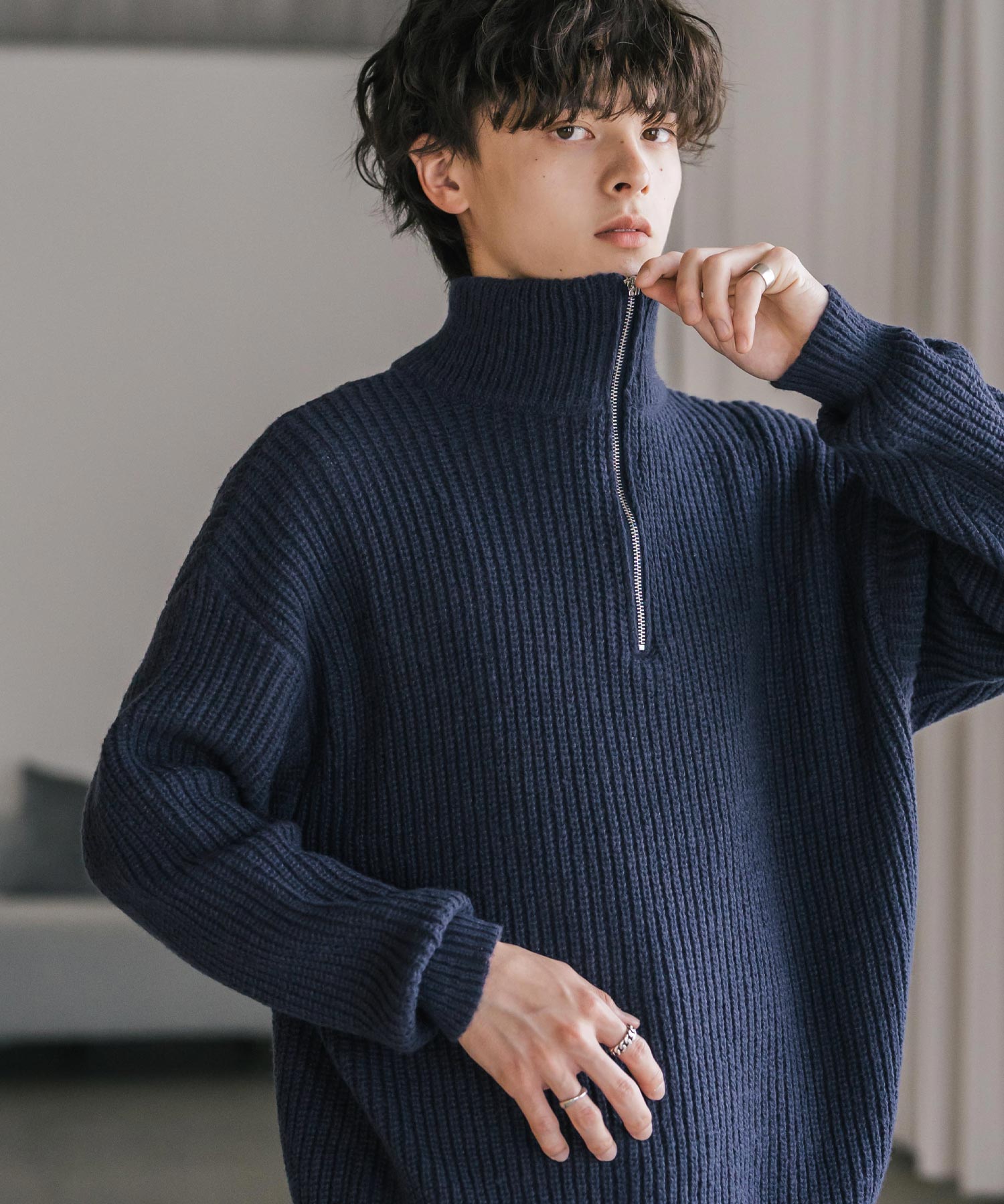 ロッキーモンロー Rocky Monroe ニット セーター ハーフジップ メンズ レディース 無地 長袖 畦編み ミドルゲージ オーバーサイズ 柔らかい 暖かい ウォッシャブル  14553 （ネイビー） ネイビー