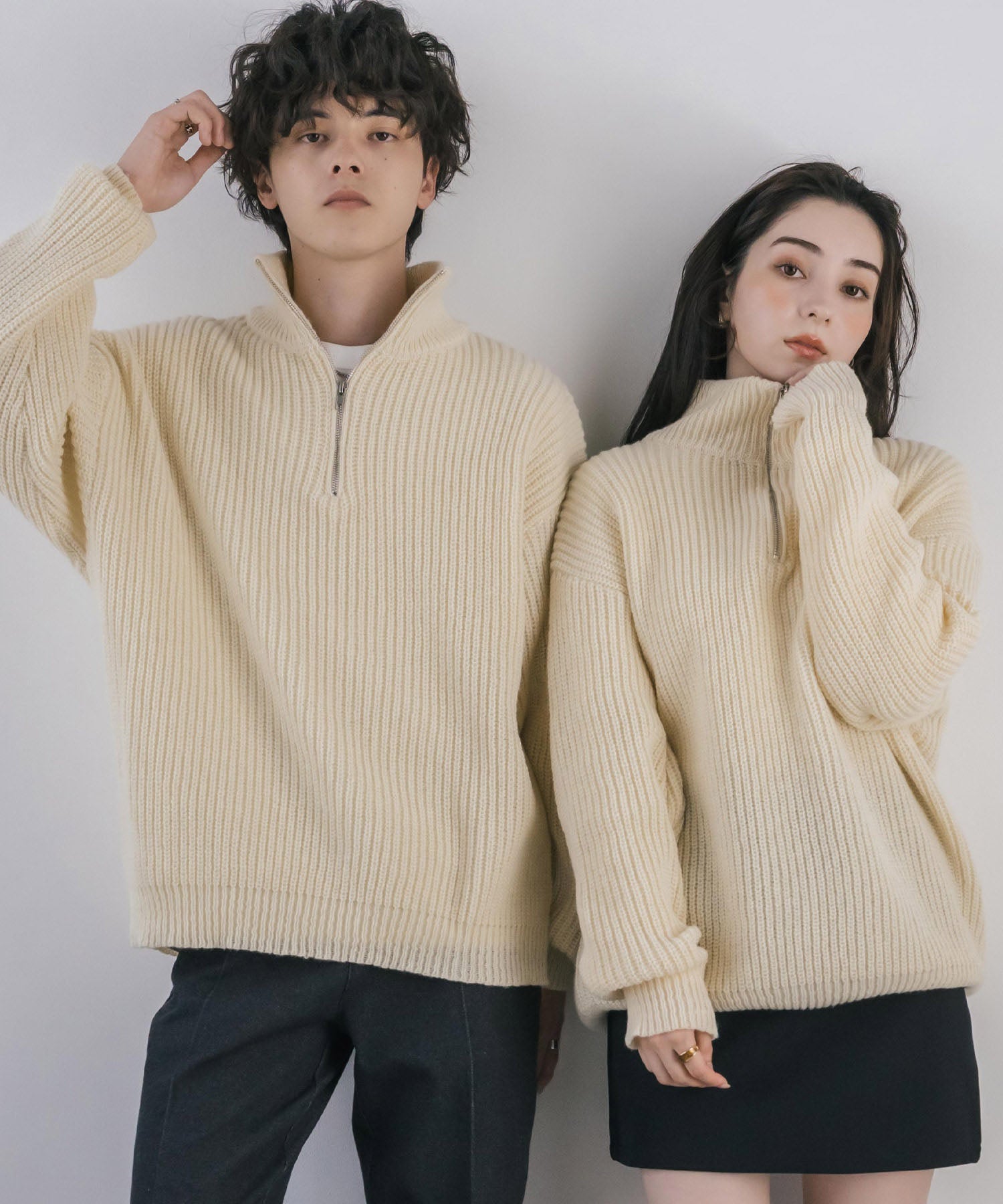 ロッキーモンロー Rocky Monroe ニット セーター ハーフジップ メンズ レディース 無地 長袖 畦編み ミドルゲージ オーバーサイズ 柔らかい 暖かい ウォッシャブル  14553 （オフ） オフ