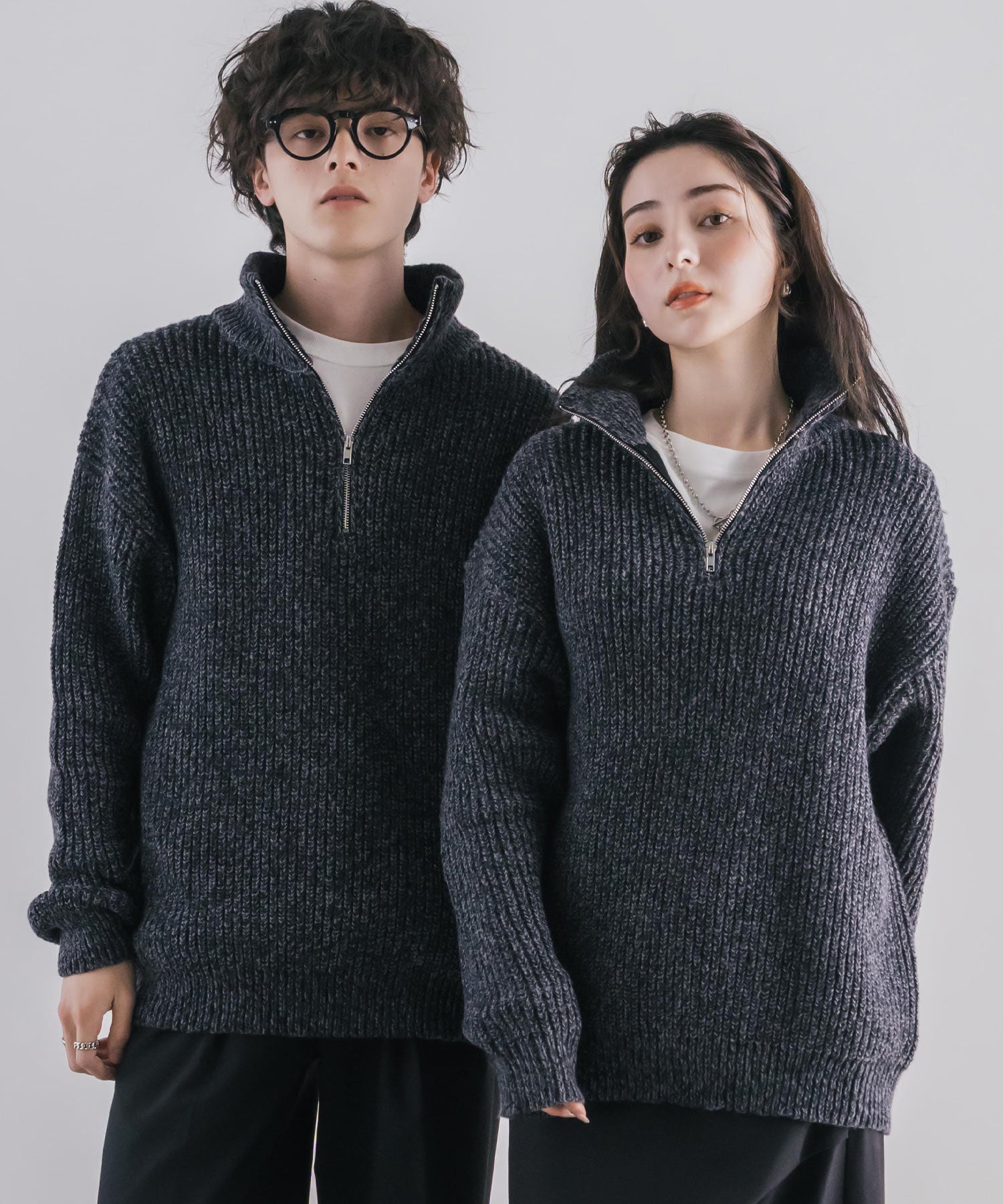 ロッキーモンロー Rocky Monroe ニット セーター ハーフジップ メンズ レディース 無地 長袖 畦編み ミドルゲージ オーバーサイズ 柔らかい 暖かい ウォッシャブル  14553 （メランジブラック） メランジブラック