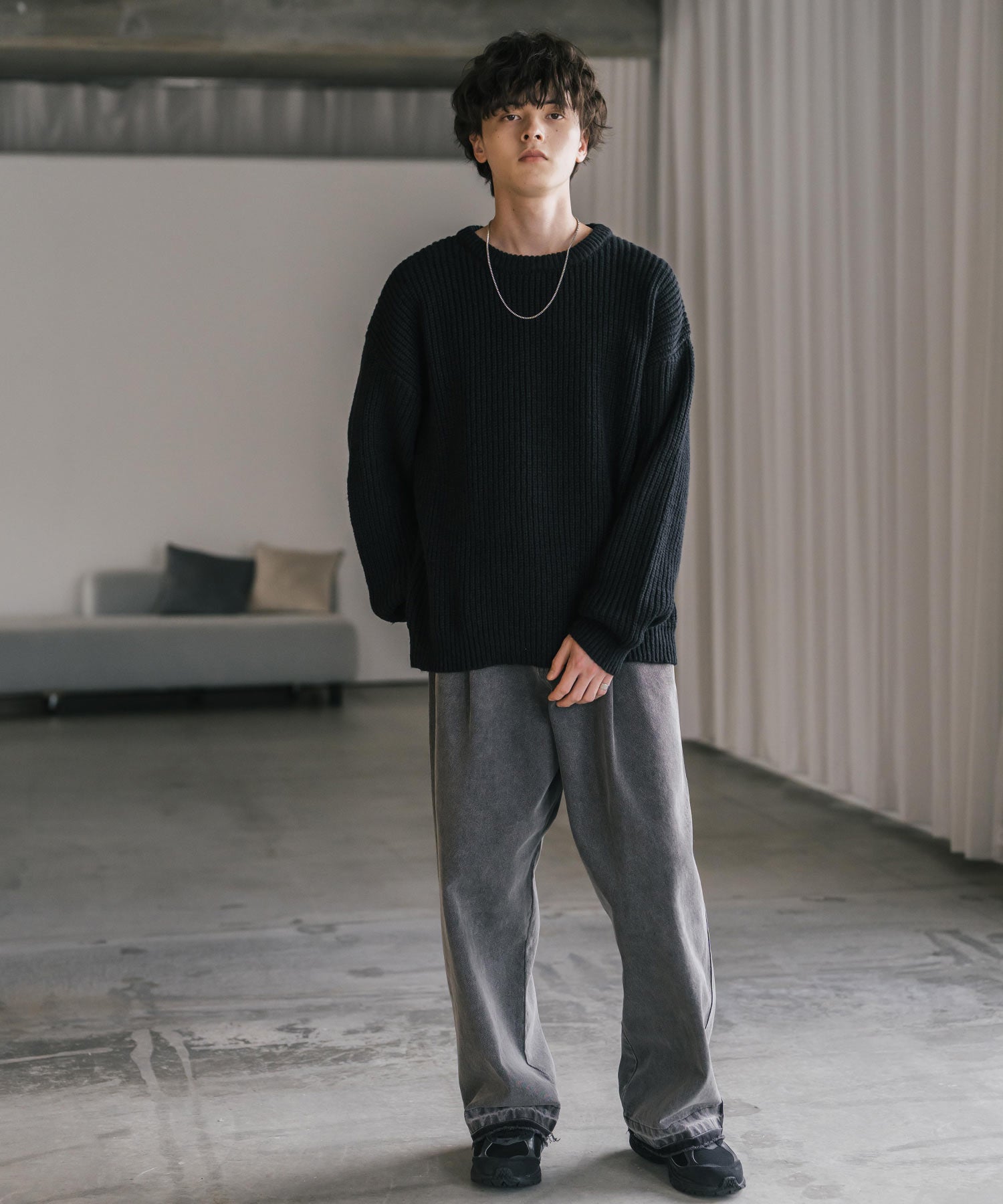 ロッキーモンロー Rocky Monroe ニット セーター 無地 長袖 メンズ レディース 畦編み ミドルゲージ オーバーサイズ 柔らかい  クルーネック 暖かい ウォッシャブル 14552 （オフ） オフ