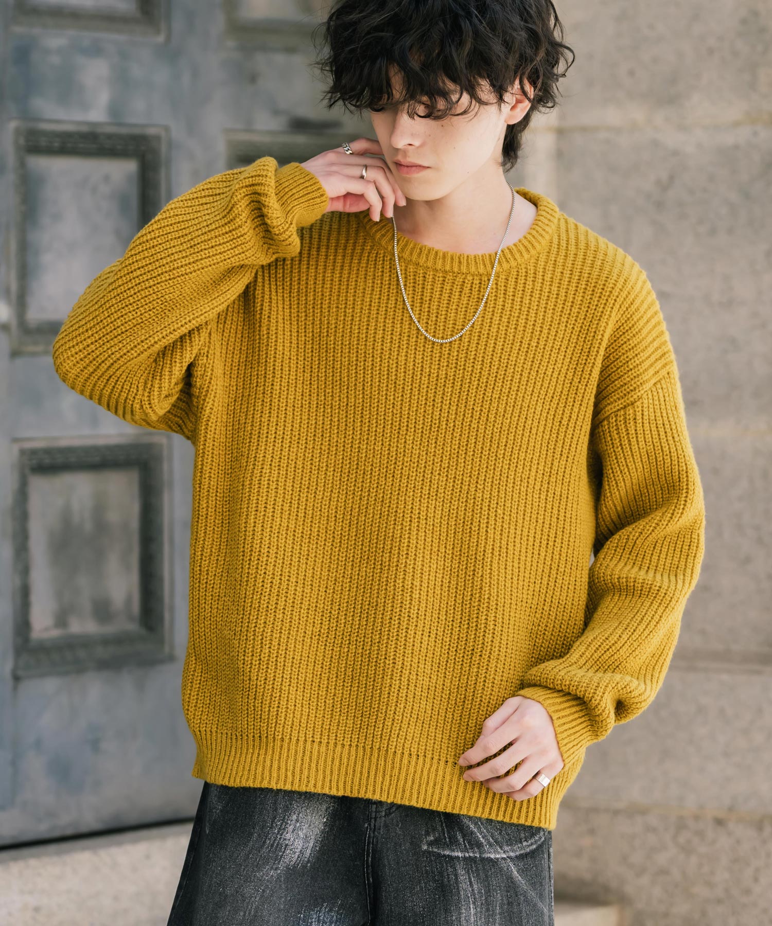 ロッキーモンロー Rocky Monroe ニット セーター 無地 長袖 メンズ レディース 畦編み ミドルゲージ オーバーサイズ 柔らかい  クルーネック 暖かい ウォッシャブル 14552 （マスタード） マスタード