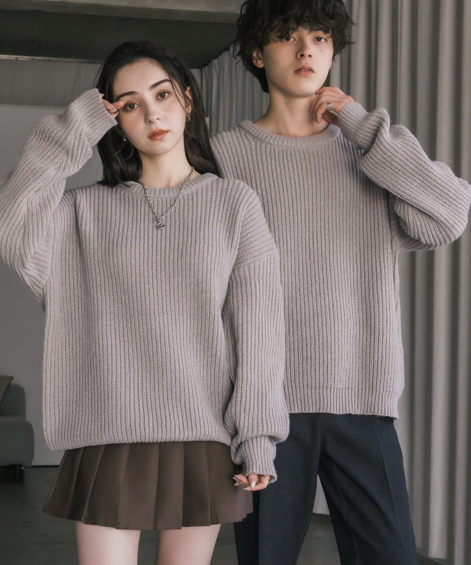 ロッキーモンロー Rocky Monroe ニット セーター 無地 長袖 メンズ レディース 畦編み ミドルゲージ オーバーサイズ 柔らかい  クルーネック 暖かい ウォッシャブル 14552 （グレー） グレー