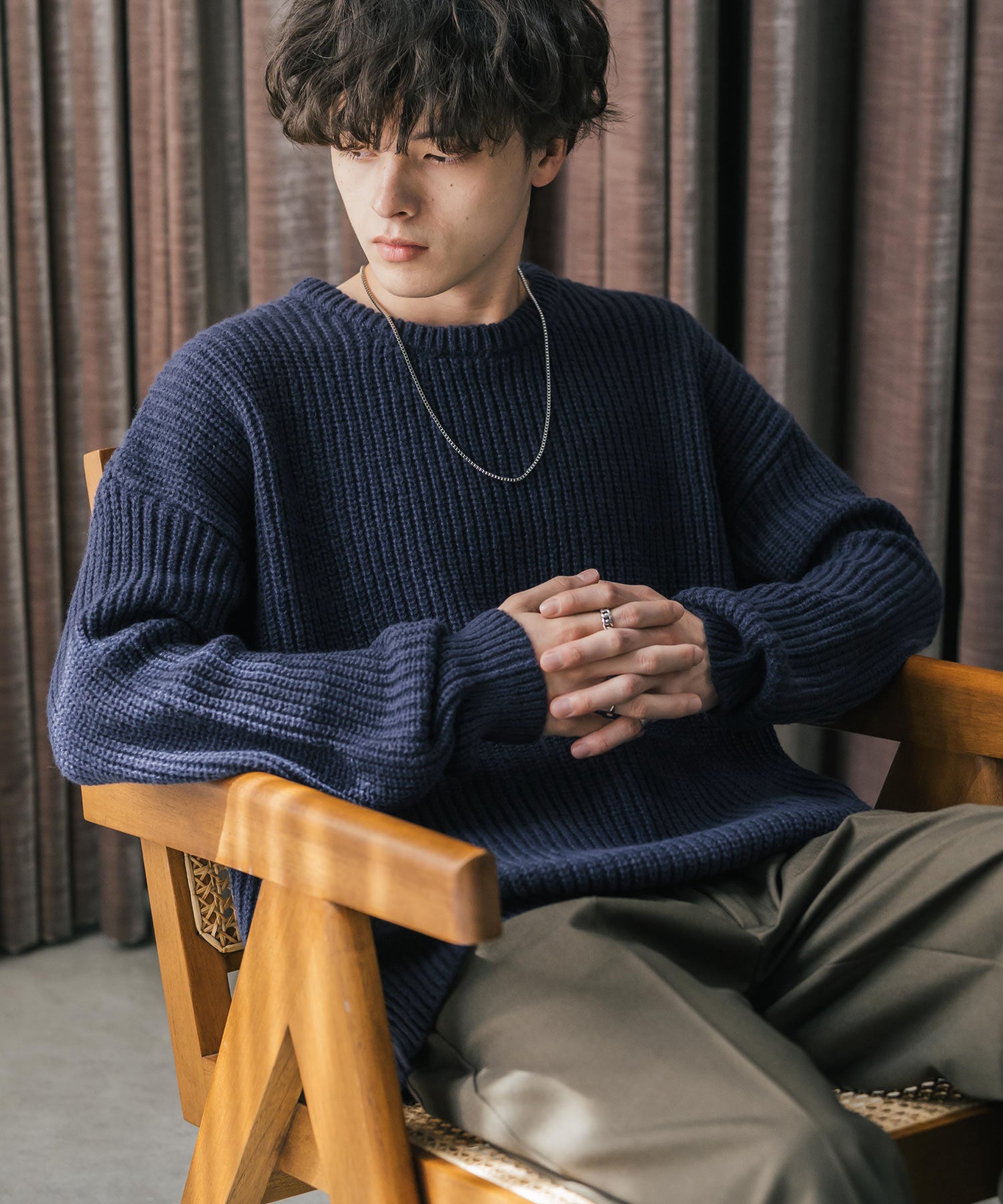 ロッキーモンロー Rocky Monroe ニット セーター 無地 長袖 メンズ レディース 畦編み ミドルゲージ オーバーサイズ 柔らかい  クルーネック 暖かい ウォッシャブル 14552 （ネイビー） ネイビー