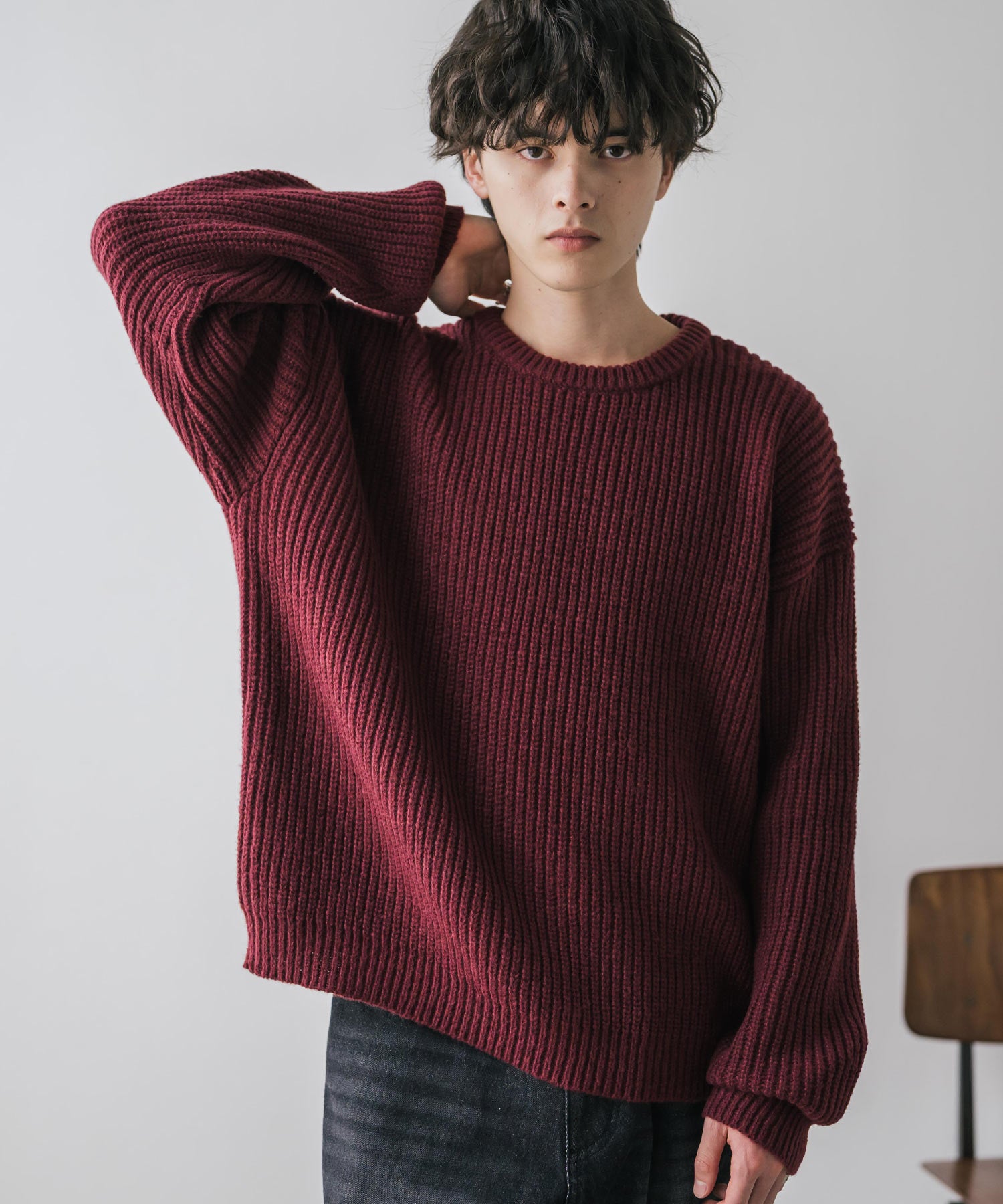 ロッキーモンロー Rocky Monroe ニット セーター 無地 長袖 メンズ レディース 畦編み ミドルゲージ オーバーサイズ 柔らかい  クルーネック 暖かい ウォッシャブル 14552 （ワイン） ワイン