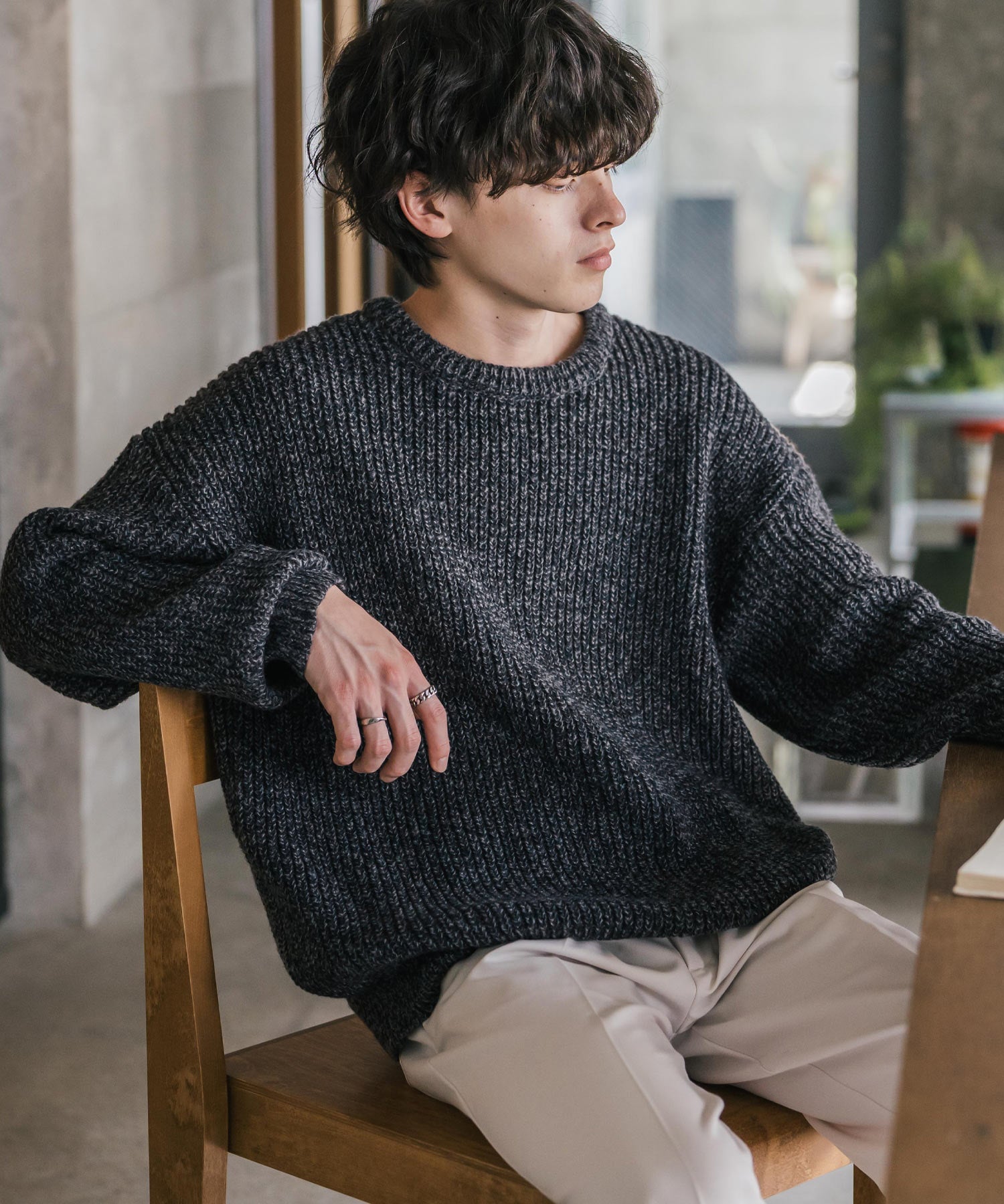 ロッキーモンロー Rocky Monroe ニット セーター 無地 長袖 メンズ レディース 畦編み ミドルゲージ オーバーサイズ 柔らかい  クルーネック 暖かい ウォッシャブル 14552 （メランジブラック） メランジブラック