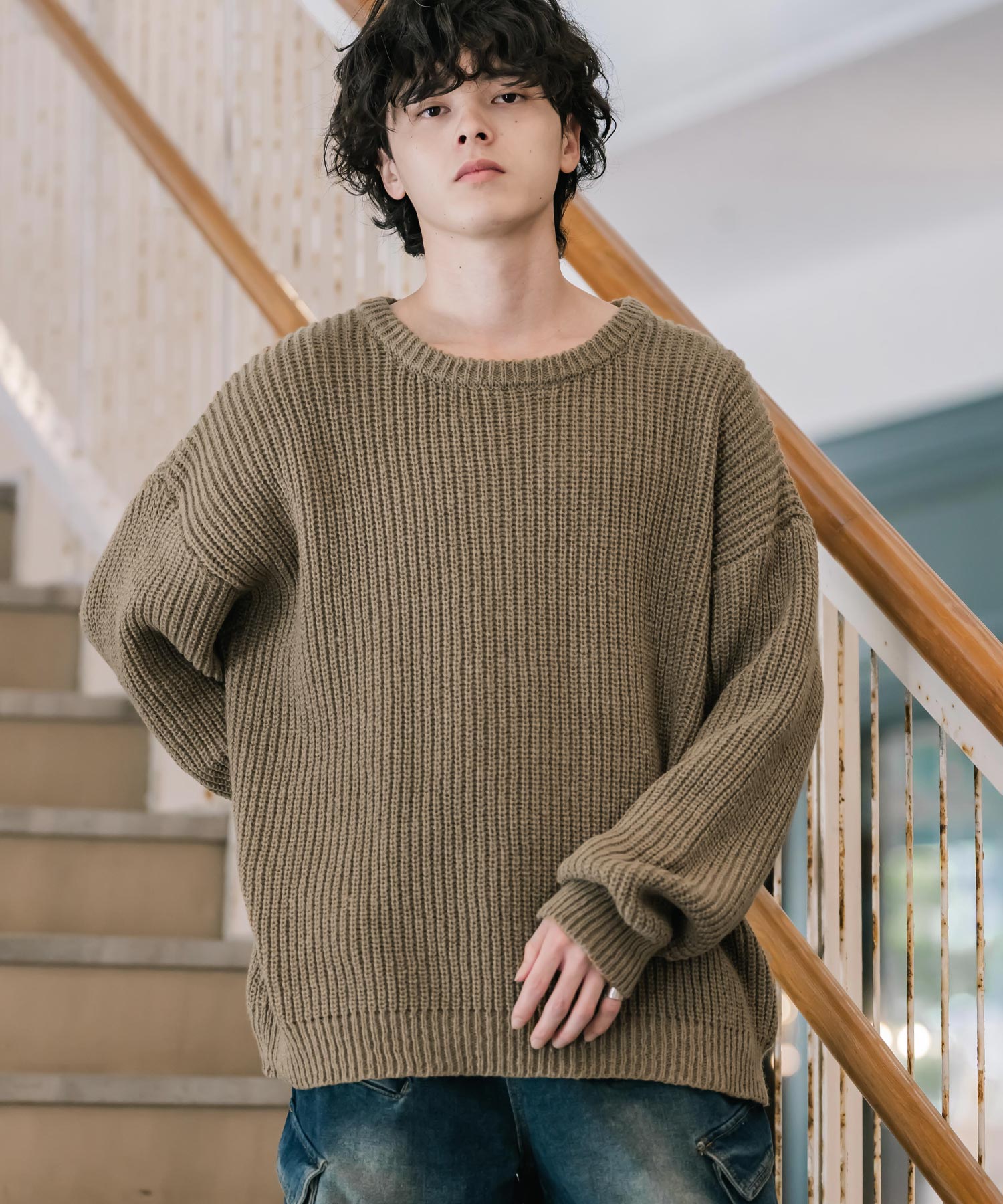 ロッキーモンロー Rocky Monroe ニット セーター 無地 長袖 メンズ レディース 畦編み ミドルゲージ オーバーサイズ 柔らかい  クルーネック 暖かい ウォッシャブル 14552 （ベージュ） ベージュ